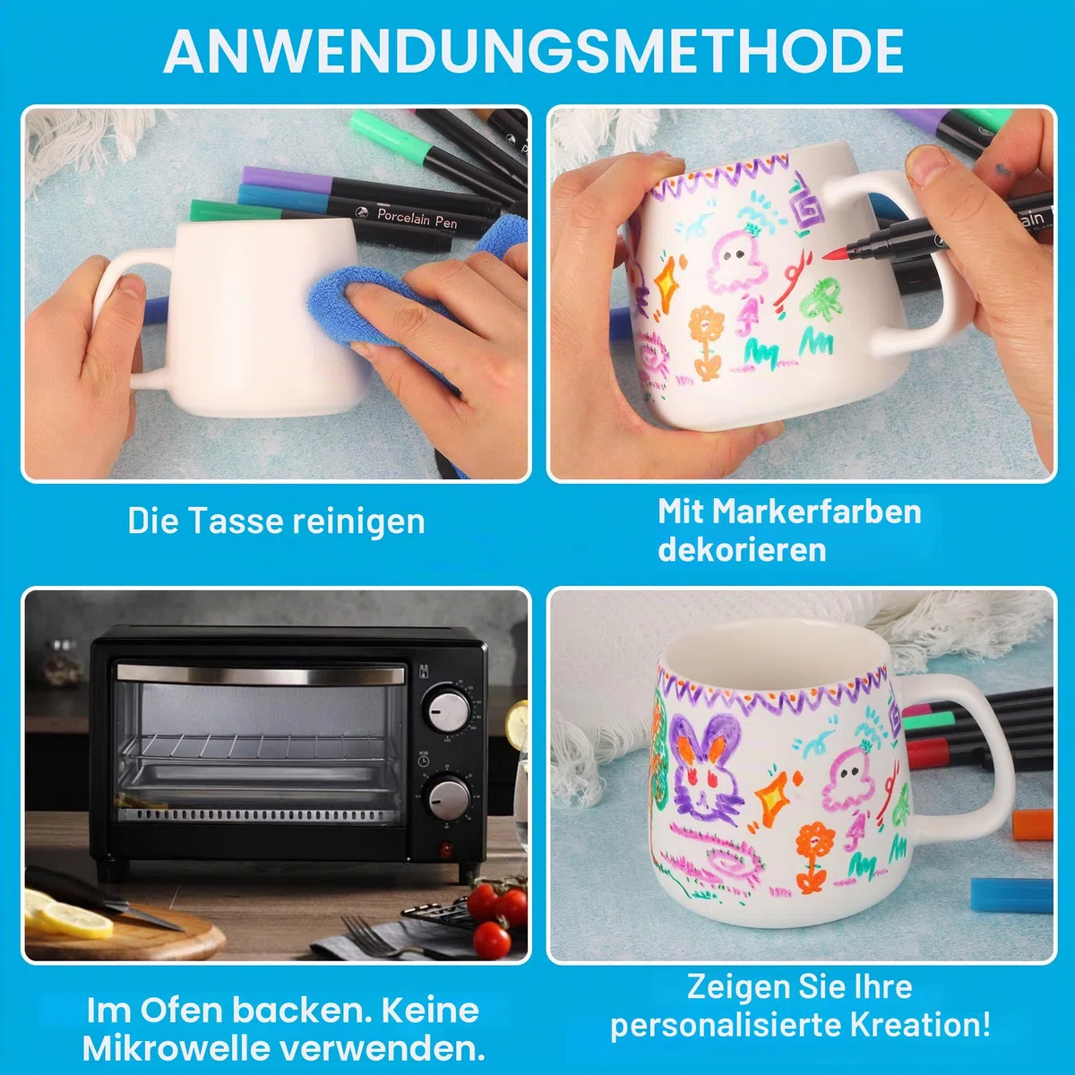 DIY Keramik Bemalen Set–Enthält 2 leere weiße Tassen und 12-farbige Keramik-Aquarellstifte, ein kreatives Tassen Bemalen Set für Kinder und Erwachsene, einTassen Zum Bemalen Kunstkreationsset