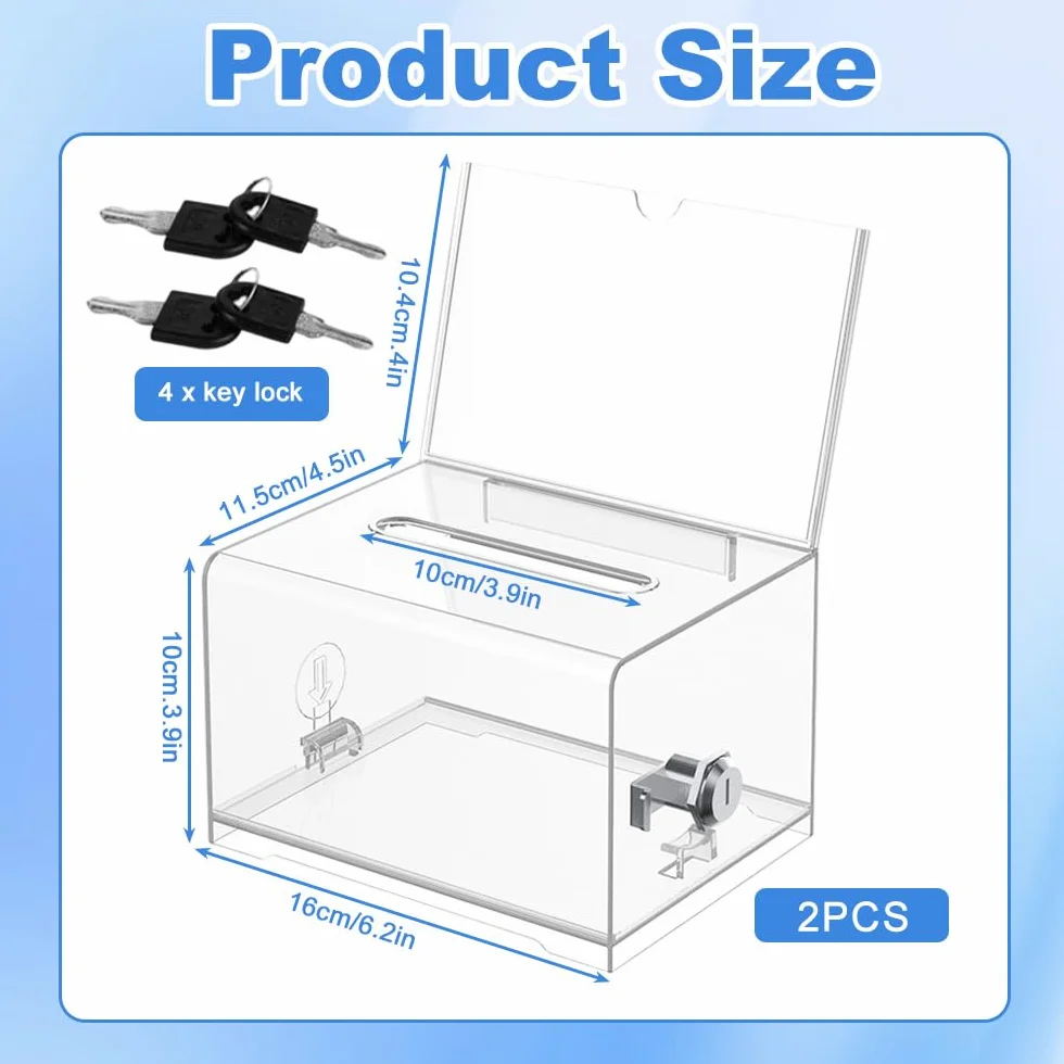 2 Stück Acrylspendenbox, Spardose Mit Schlüssel, Spendenbox Abschließbar, 16 * 12 * 10cm Wahlurne Transparent, Spardose Transparent, Gewinnspiele, Wettbewerbe, Visitenkarten