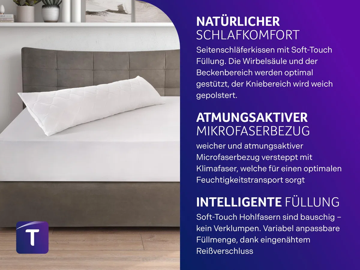 Traumnacht Seitenschläferkissen aus softer Microfaser, 1.200 Gramm Füllgewicht mit Reißverschluss, 40 x 145 cm, waschbar, Öko-Tex zertifiziert, entwickelt in Deutschland