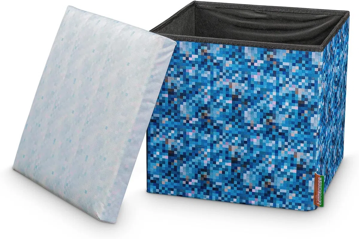 Pixeldesign Sitzwürfel Sitzhocker mit Stauraum, Faltbarer Hocker, Fußhocker, Falthocker, Sitzwürfel für Wohnzimmer, Kinderzimmer Pixelart (30 x 30 x 30 cm eisiger Boden)…