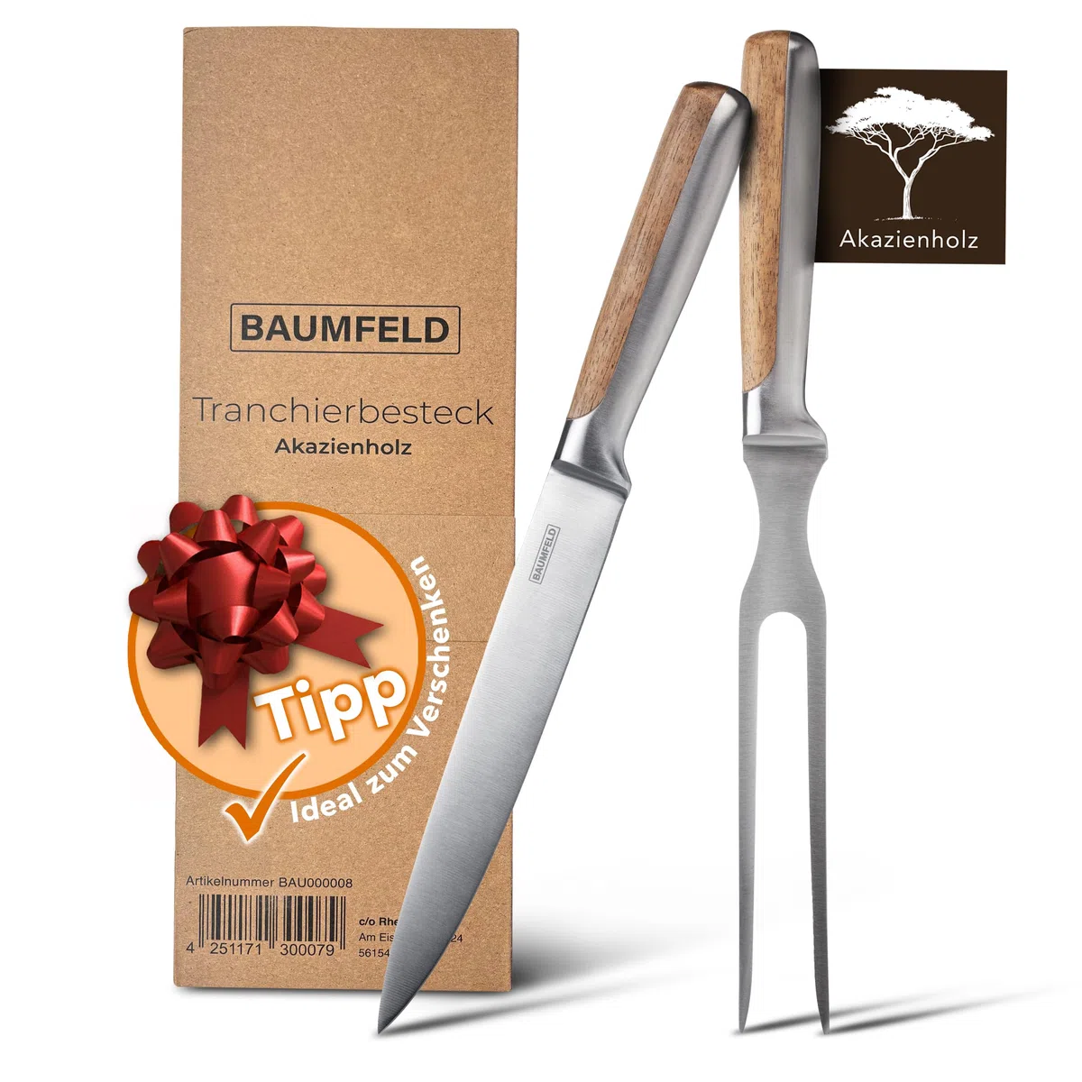 Grill- & Tranchierset 2-teilig – Fleischmesser mit Fleischgabel | BBQ Besteck für Steak & Braten (Silber)