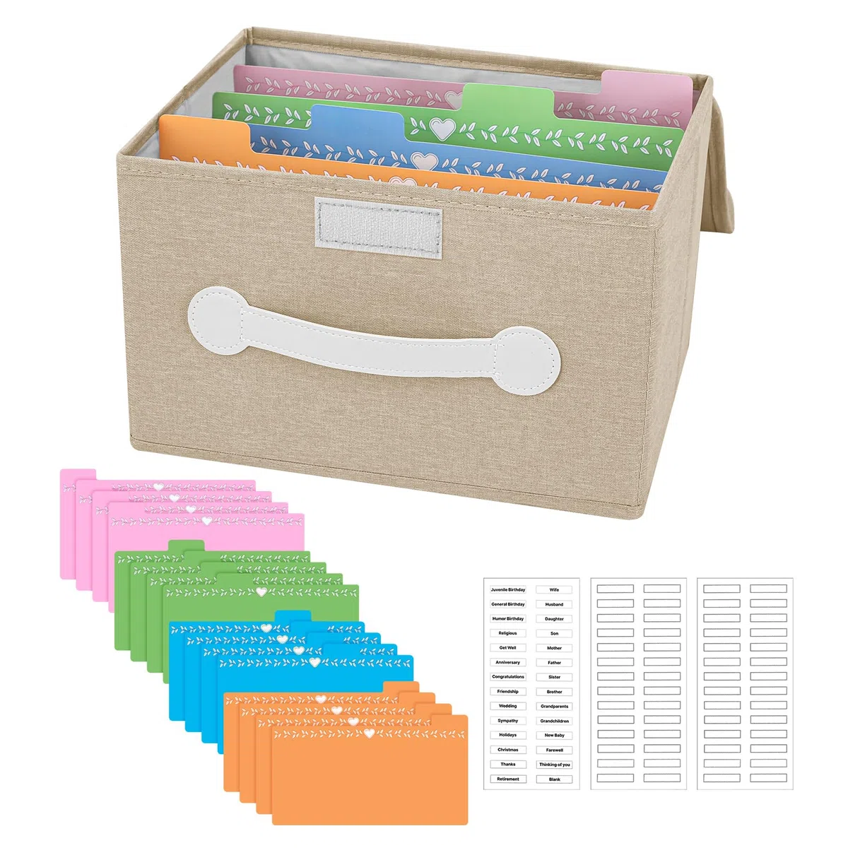 Grußkarten-Organizer-Box mit 16 Trennwänden, faltbare Aufbewahrungsbox, Halter mit Deckel, ideal für Karten, Rezepte, Fotos, Umschläge, Andenken (Beige, 84 Etiketten)