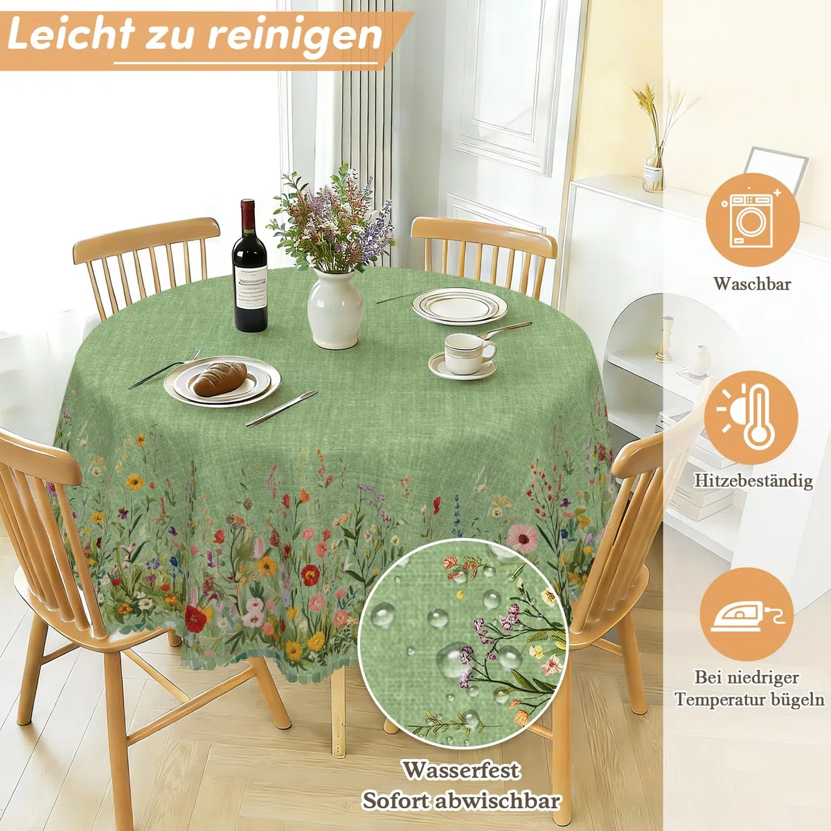 Tischdecke Rund 160 cm Wetterfest Abwaschbar - Polyester Grüne Blumen Muster - Outdoor Tischdecke für Garten Küche Esszimmer Balkon - für 6-8 Personen - Wasserdicht & Langanhaltend