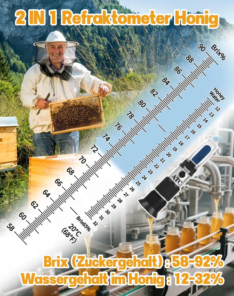 2 in 1 Honig Refraktometer mit ATC Imker Refraktometer Brix 58-90% Wassergehalt im Honig 12-32% Refractometer Honig Handrefraktometer für Honig Zuckersirup Fruchtmarmelade Melasse