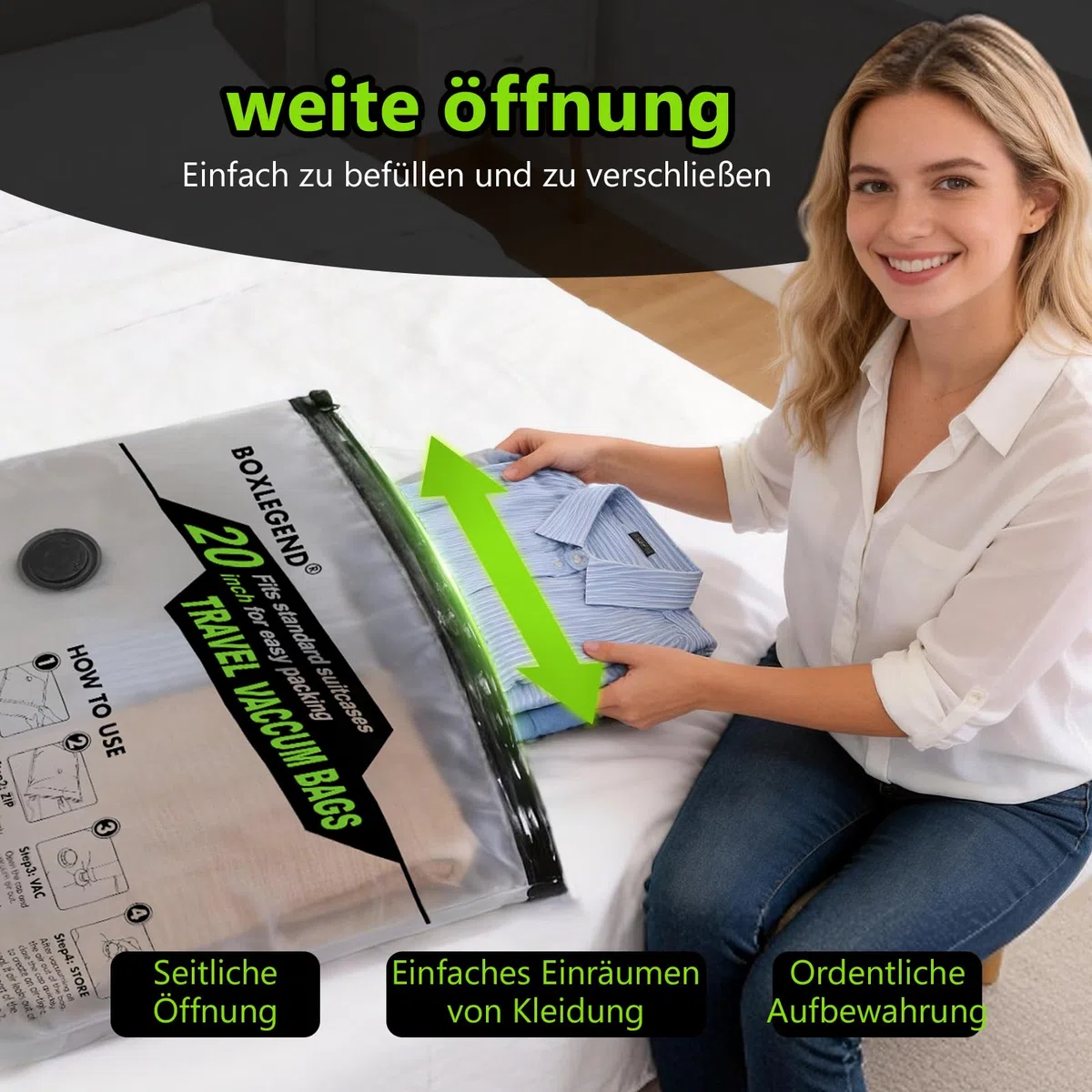 BoxLegend Vakuumbeutel für Kleidung Reise mit Kabelloser Pumpe, Vakuumbeutel 10er Set (4x 40x50cm, 3x 40x60cm, 3x 45x70cm), Abgerundete Kanten & Langseiten-Reißverschluss, Vakuumierbeutel für Koffer