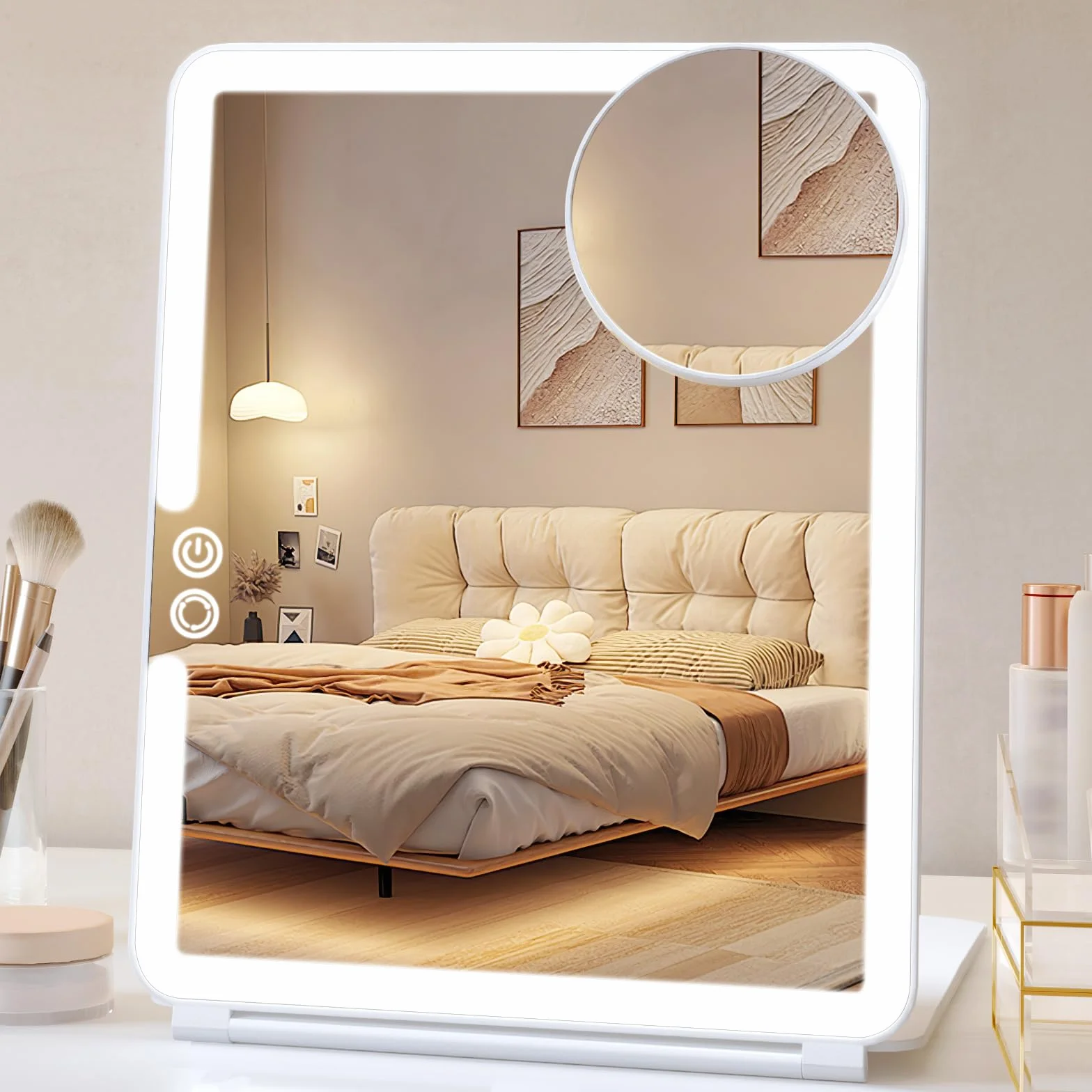 FUNTOUCH Kosmetikspiegel mit Beleuchtung, 1X 10X Spiegel Vergrößerung, 2500 mAh USB Aufladbarer Beleuchteter Reisespiegel, 3 Farben Winstellbarer Led Schminkspiegel, Make up Spiegel für Reisen (Weiß)