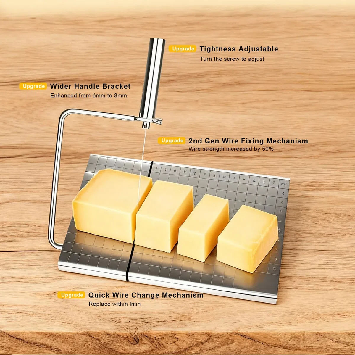Edelstahl Käsehobel Schneidebrett, Käsebrett Butterschneider, Käsehobel mit Brett und Messgitter, Auswechselbarer Käseschneider für Blockkäse und Butter, Spülmaschinenfest, mit 5 Extra Drähten