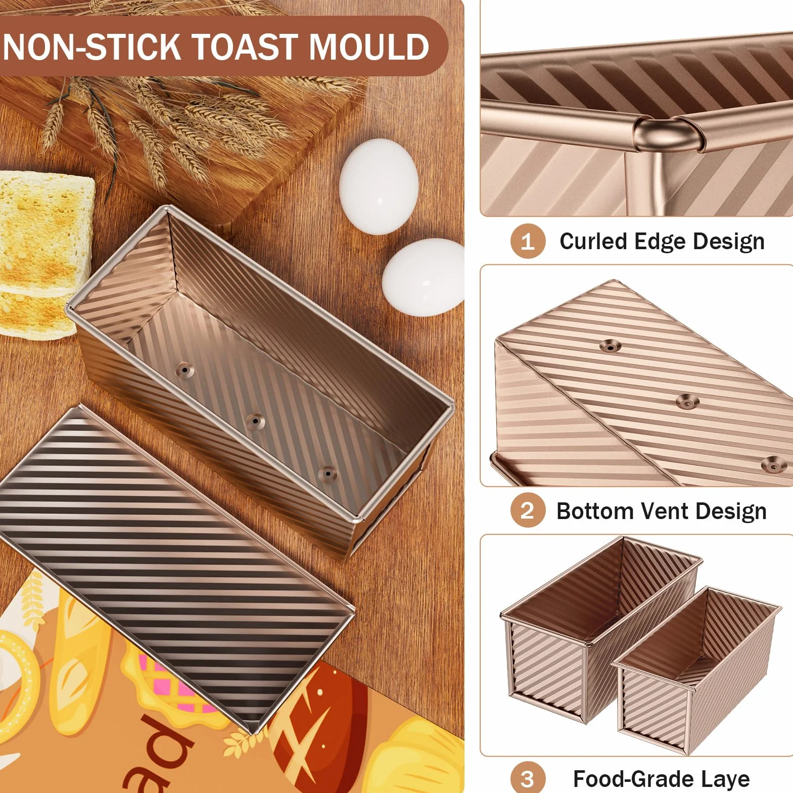 Toast Brot Backform Set,4PCS Antihaft Brot Toastform mit Deckel,Brotbackform für Toast Kuchen (Roségold)