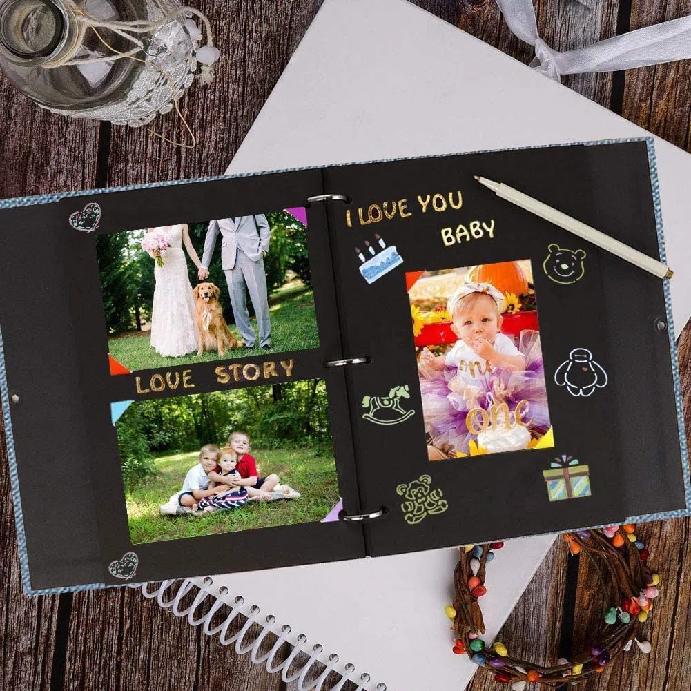 Fotoalbum zum Selbstgestalten 60 Schwarze Seiten, DIY Fotoalben Leinen Nachfüllbar Scrapbook Fotobuch Gästebuch, Geburtstag Jahrestag Geschenk für Frauen Männer (Blau)