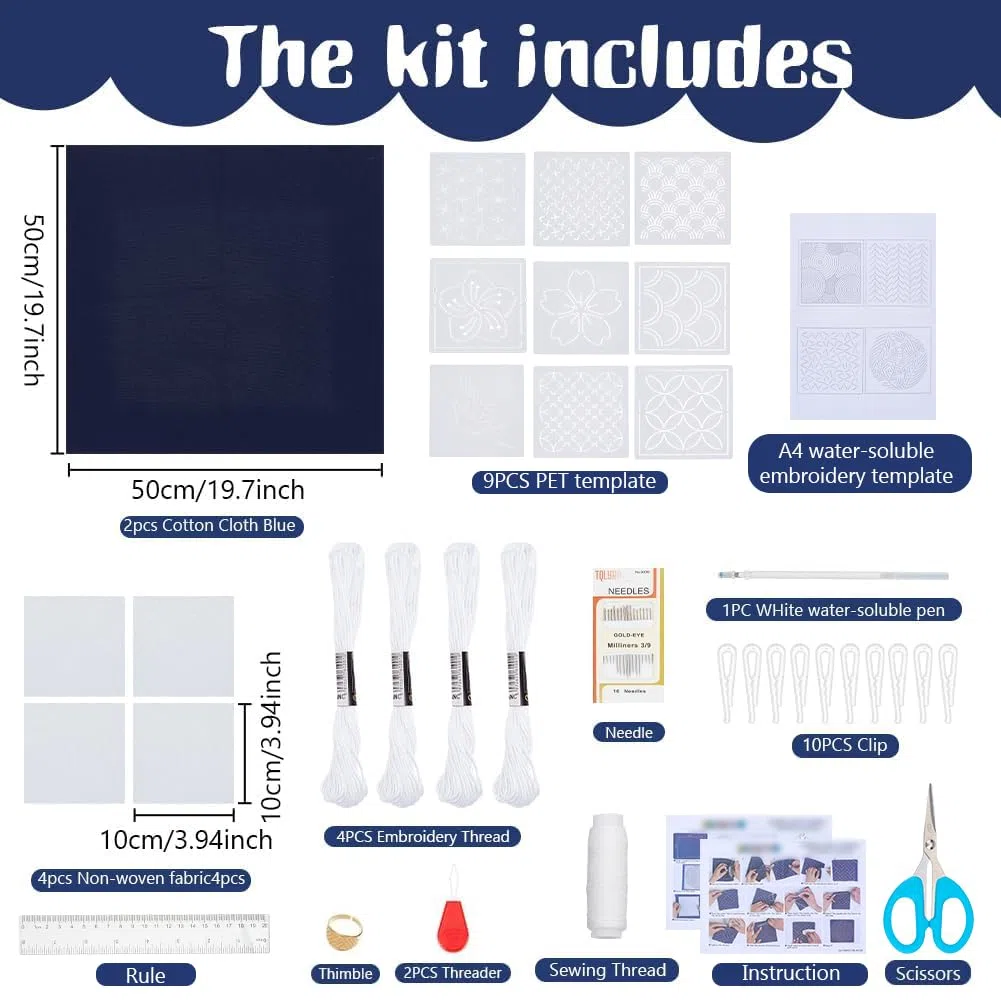 FREEBLOSS 4 Set Sashiko Untersetzer Set Mit 12 PET Schablonen. Vollständiges Stickset Inklusive Faden 16 Nadeln Wasserlöslichen Schablonen Und Stoff. Sashiko Für Erwachsene Mit Anleitung