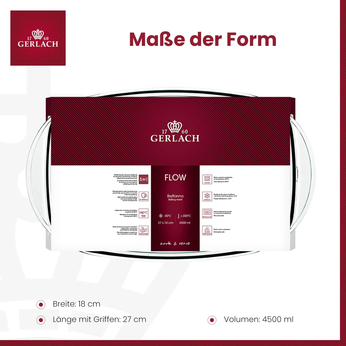 Gerlach 1760 Auflaufform 4,5 l Aus Hitzebeständigem Glas Borosilikatglas Mit Deckel Rechteckig 27 x 18 cm Für Backofen Gefrierfach Flow