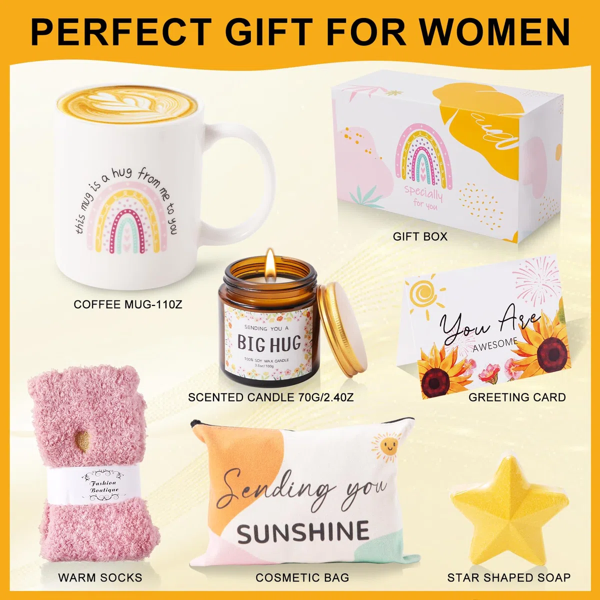 MUJUZE “Hug”Geschenk für Frauen,Sonnenschein Geschenkbox,Gute Besserung Geschenke Frauen,Get Well Soon Gift Care Paket,Geschenk Set für Beste Freundin,Schwester,Partner,Kollegen,Abschlussgeschenk