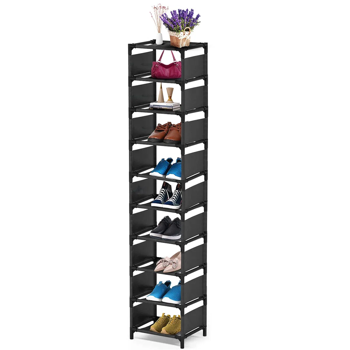 esonstyle Schmaler Schuhregal 10 Ebenen, Platzsparender Schuhschrank, 158 x 33 x 28 cm, Metallgestell, Einlegeböden aus Vliesstoff, geeignet für Wohnzimmer,Eingangsbereich, Flur, Garderobe, Ecke