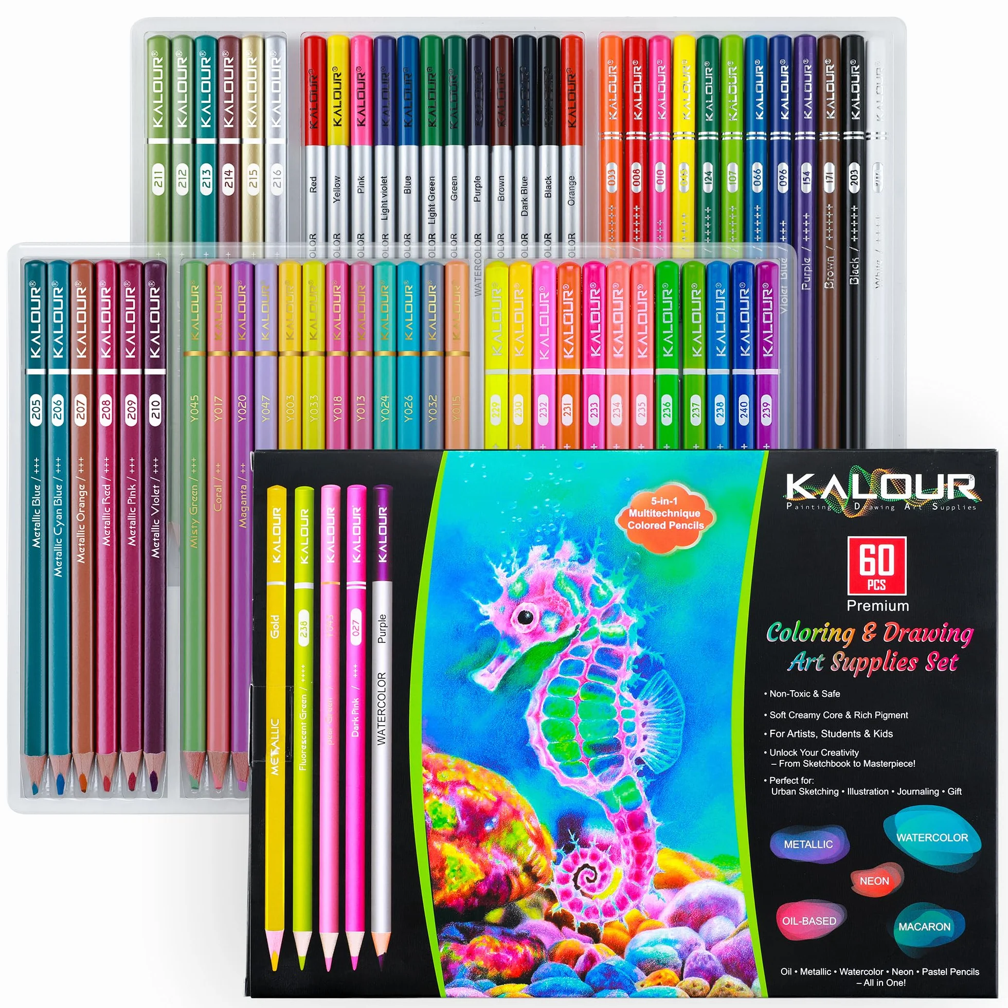 Kalour 60 Kunst-Zeichenstifte-Set, einschließlich ölbasierter, metallischer, Aquarell-, Neon- und Macaron-Pastellstifte. Ideal zum Skizzieren, Ausmalen und DIY-Basteln, Geschenk für erwachsene