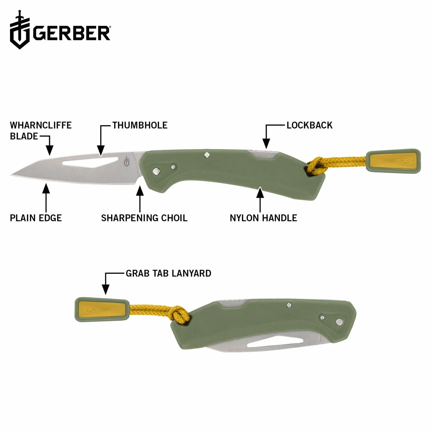 Gerber Taschenmesser mit Zugband, LST Mini, 440A Wharncliffe-Edelstahlklinge, Griffschalen aus glasfaserverstärktem Nylon, Klingenlänge: 4,8 cm