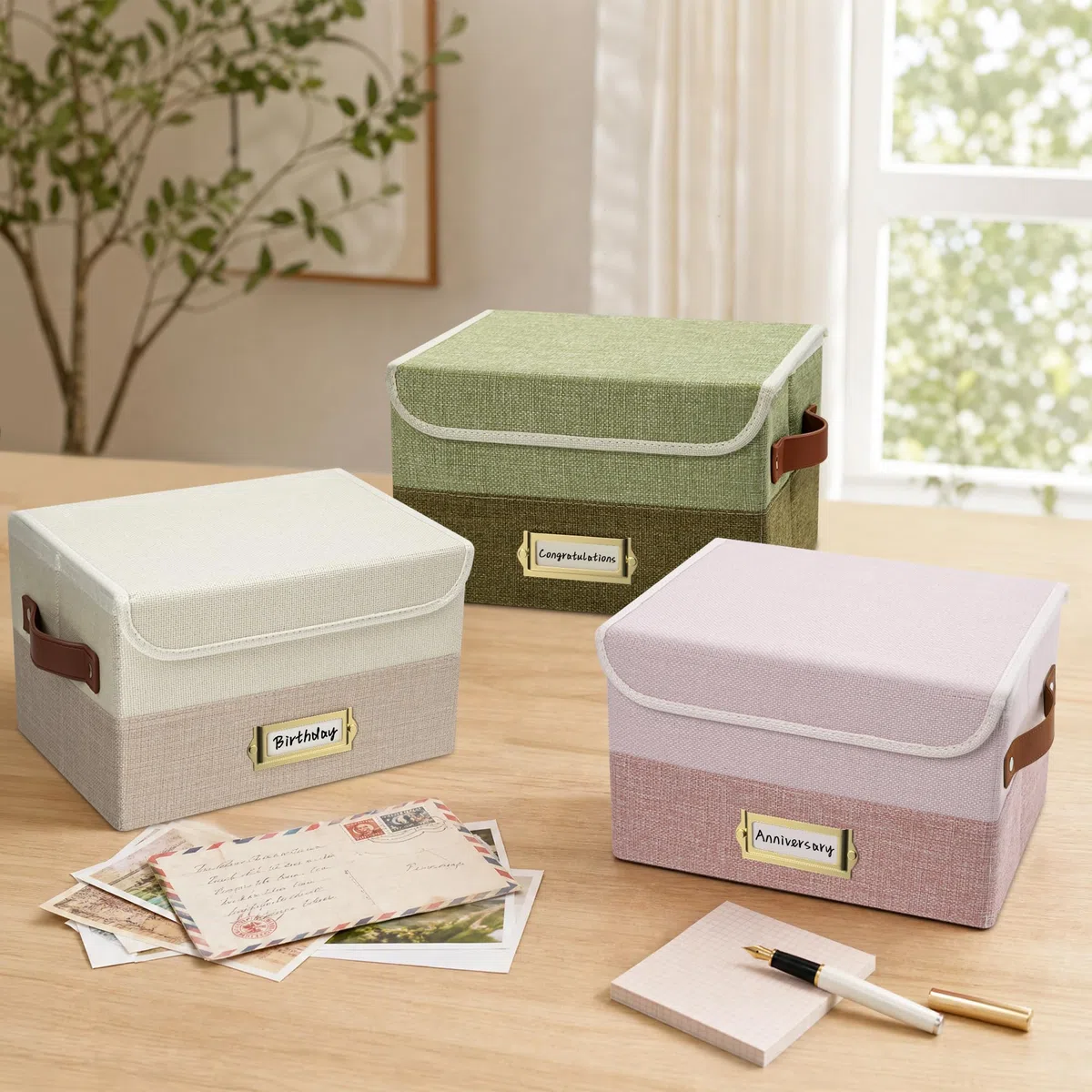 Vienrose Grußkarten Aufbewahrungsbox, Faltbare Veranstalter mit 20 Trennwänden 84 selbstklebenden Etiketten, Kartenbox für Grußkarten, Fotos, Briefumschläge, Aufkleber, Postkarten, Hellrosa & Lotus