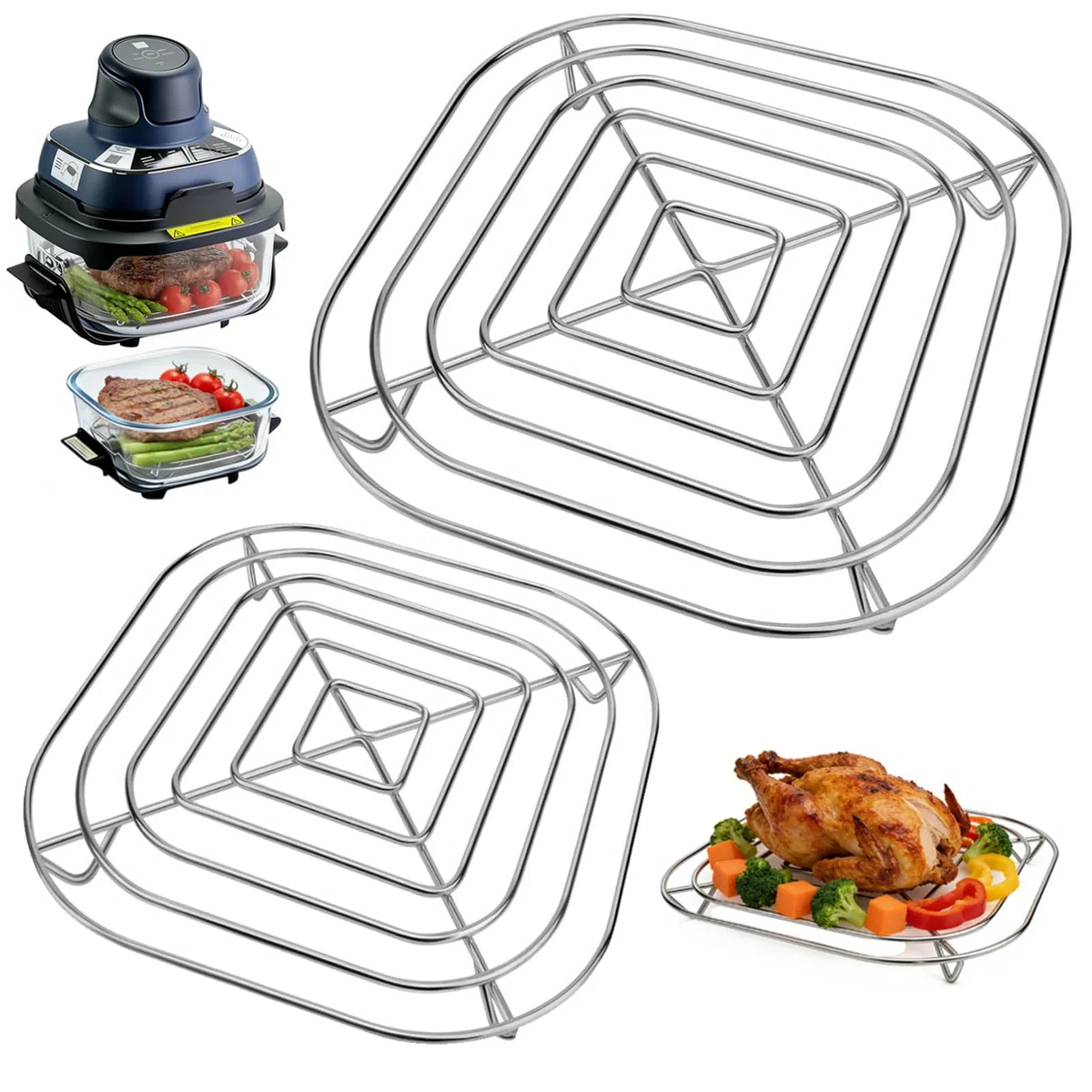 2 Stück Grillrost Edelstahl Kompatibel mit Ninja Crispi AirFryer Ersatzgitterrost für Ninja Crispi Glasbehälter 3,8L und 1.4L, Spülmaschinenfest, für Ninja Crispi Zubehör
