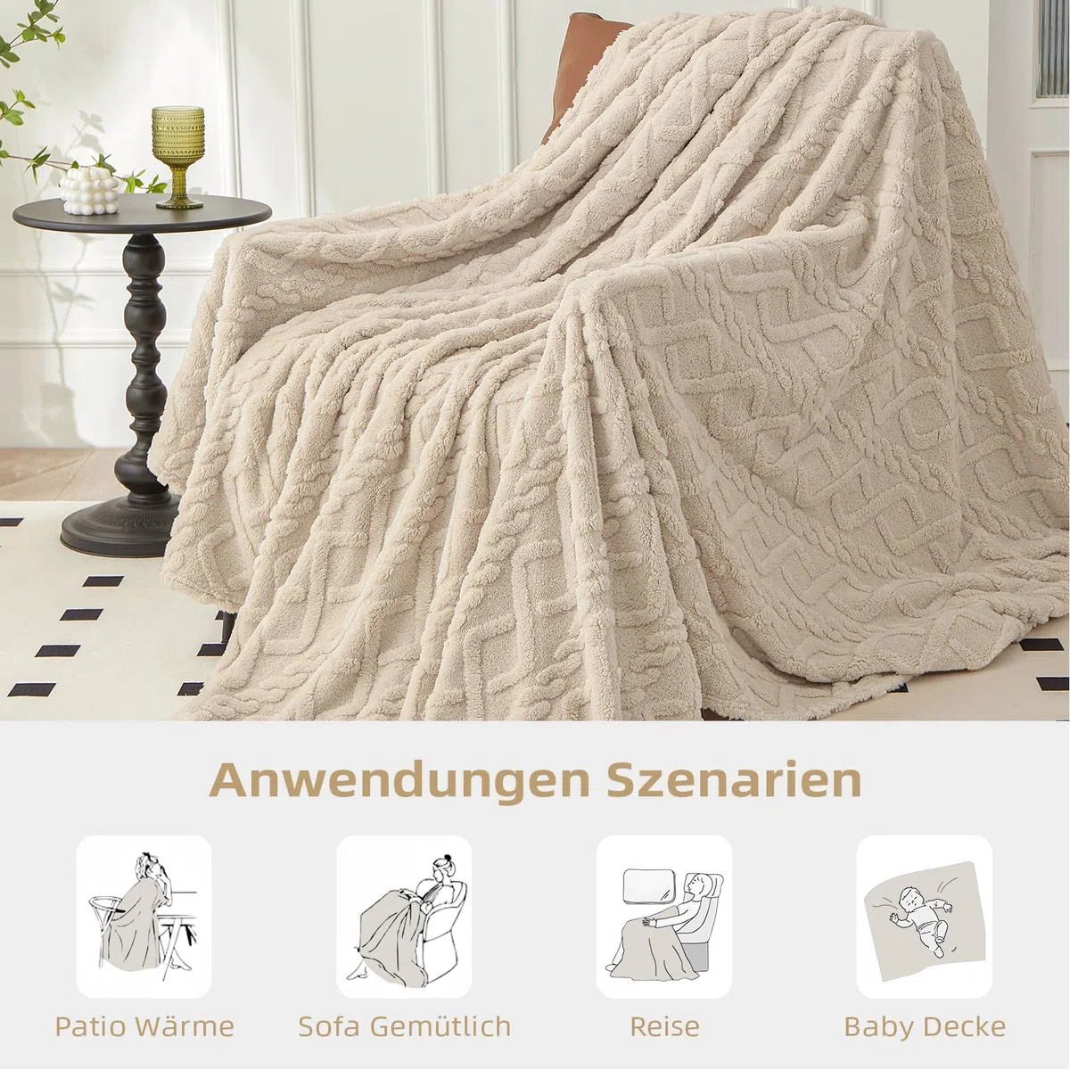 WONGS BEDDING Kuscheldecke Flauschig 150x200 Wohndecke Lammdecke Flauschige Weiche Sofadecke Fleecedecke Couchdecke Warme kuscheldecke für Bett Sofa, Beige