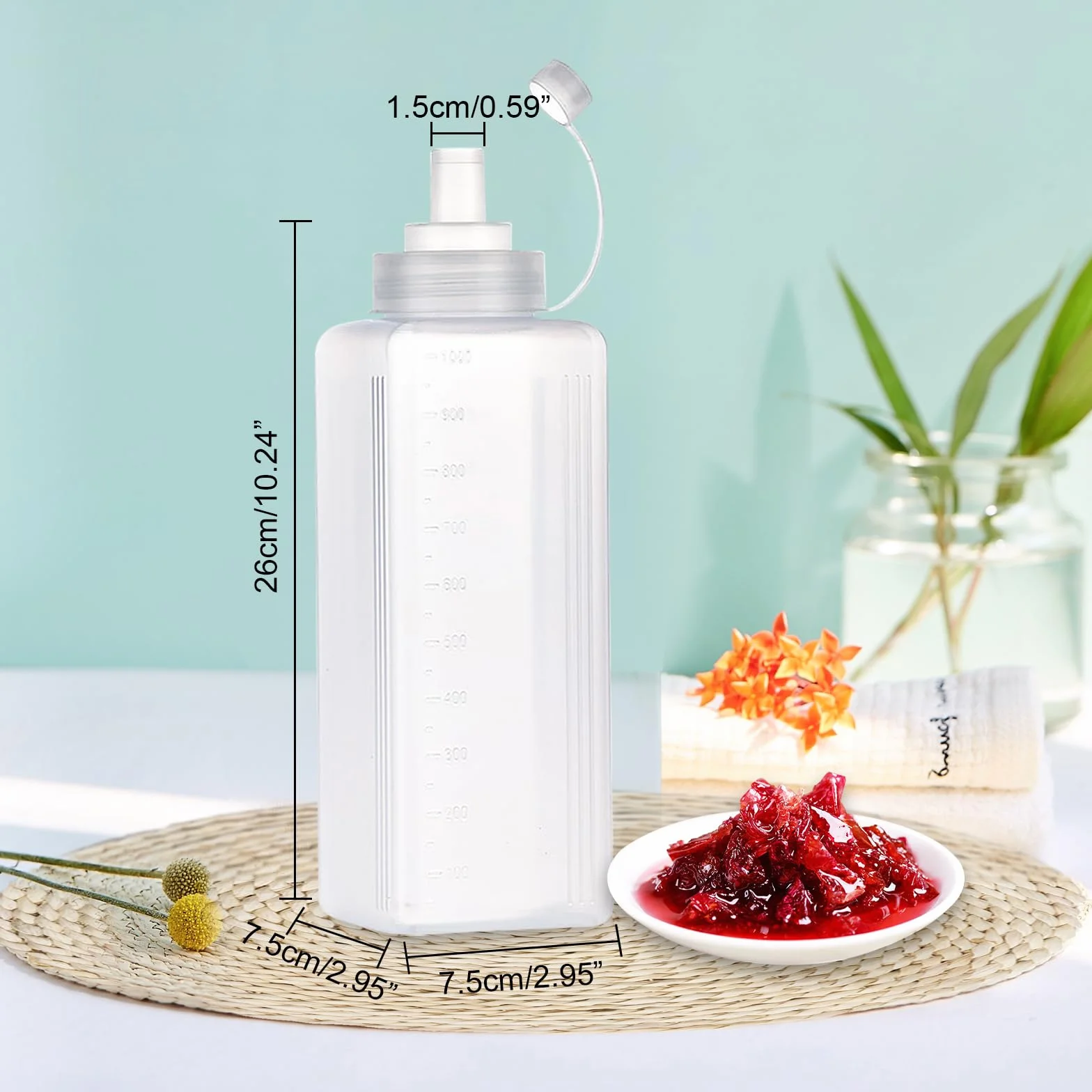 3 Stück Plastik Squeeze Flasche, Breiter Mund Quetschflasche Mit Kappen, Transparent Kein Leck Condiment Flaschen für Malen,Backen,Ketchup,scharfe Soße,Olivenöl, Saucenflasche (# 1000ML)