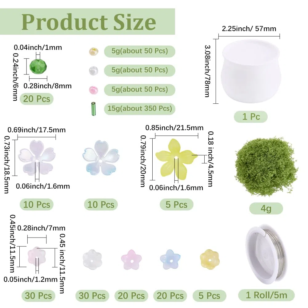 1 Box 653Pcs nperlen-Pflanzensatz Glas für Immer Glasperlen für Pflanzen Naturfarbige Acryl-nperlen-Kappen Anhänger mit künstlichem Moosdraht für Pflanzenherstellung Schmuck DIY-Handwerk
