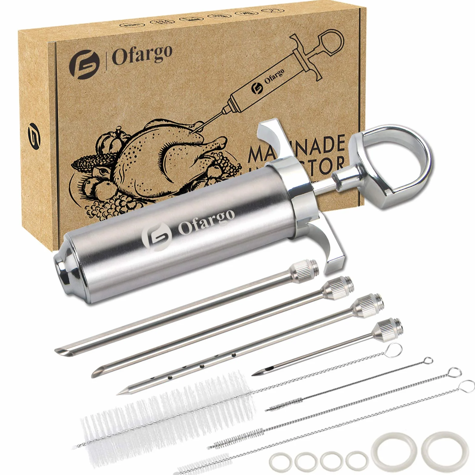 Ofargo Fleischspritze aus 304-Edelstahl, mit 4 Marinadennadeln für Holzkohlegrill, 60 ml Fassungsvermögen, E-Book mit Rezepten (PDF zum Herunterladen)