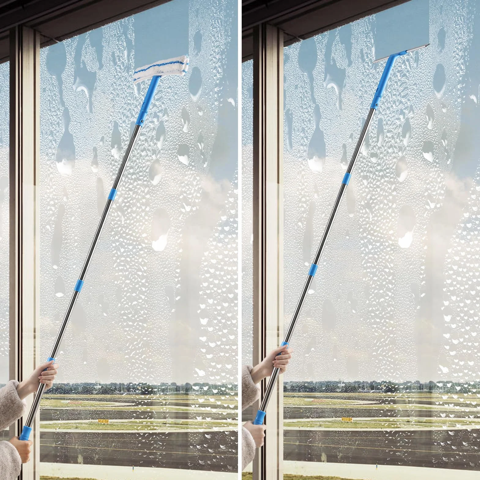 Mitclear Fensterreiniger mit Teleskopstiel (146cm), Professioneller Fensterwischer mit Silikonabzieher & Mikrofaserschrubber, Fensterreinigungsset für Bad, Dusche, Glas, Spiegel, Auto