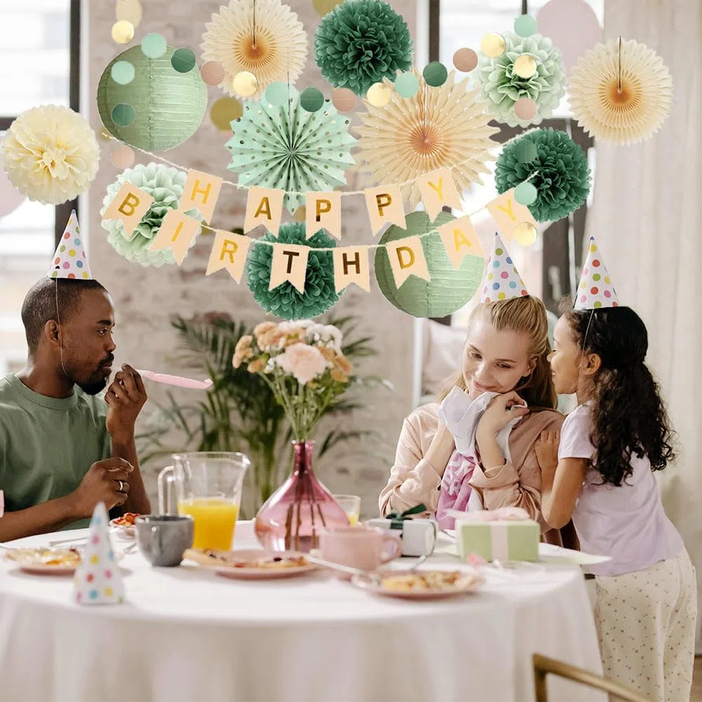 Geburtstagsdeko Grün Beige Mädchen Retro Olivgrün Geburtstagsdeko Salbeigrün Geburtstag Frauen Deko Salbei Creme Party mit Happy Birthday Banner Beige Gold