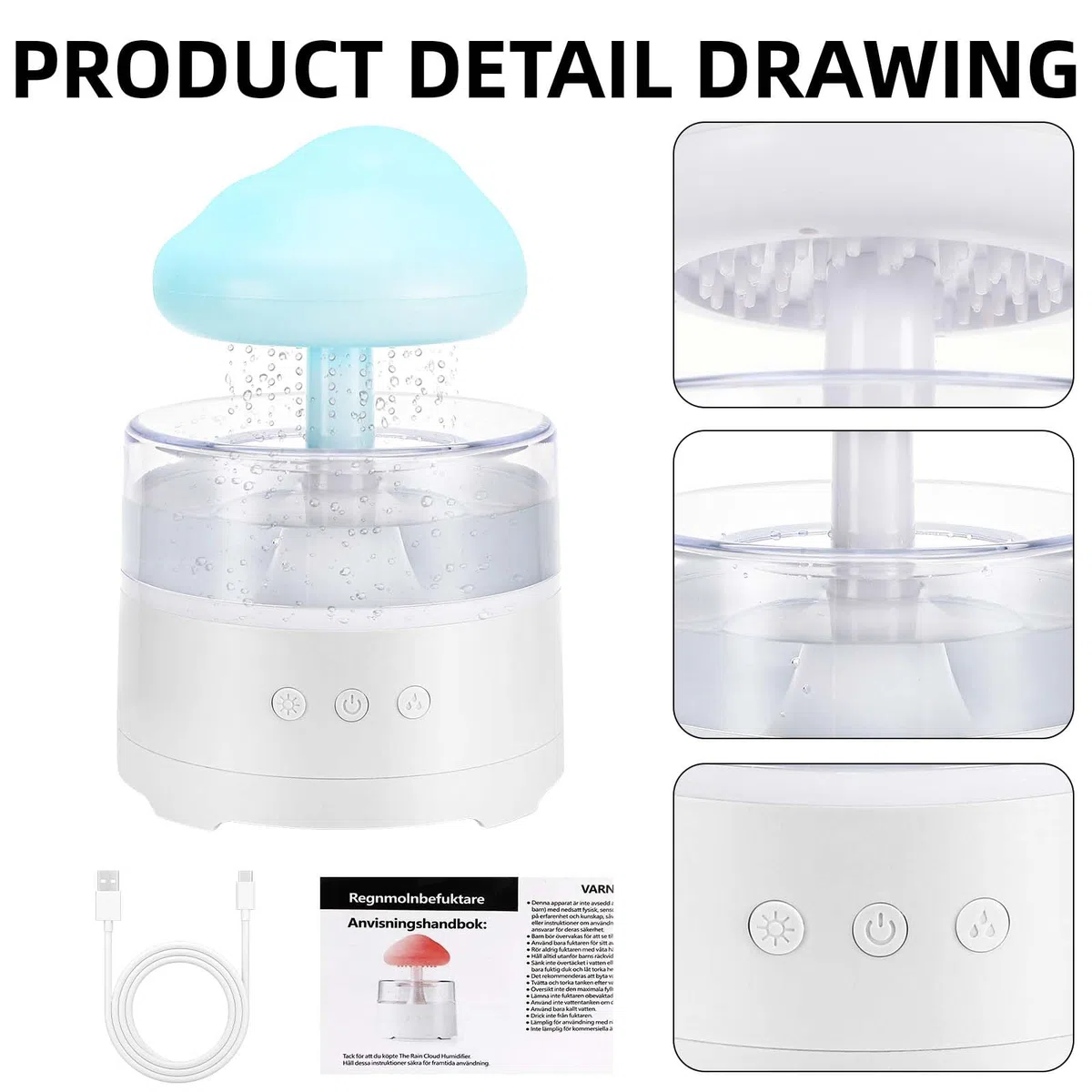 Regen Wolken Luftbefeuchter 400ML Wasser-Tropfpilz-Luftbefeuchter Mit 3 Modi Und 7 Farben, LED-Lichtern Schlafzimmer Regentropfen Luft luftbefeuchter Air Humidifier