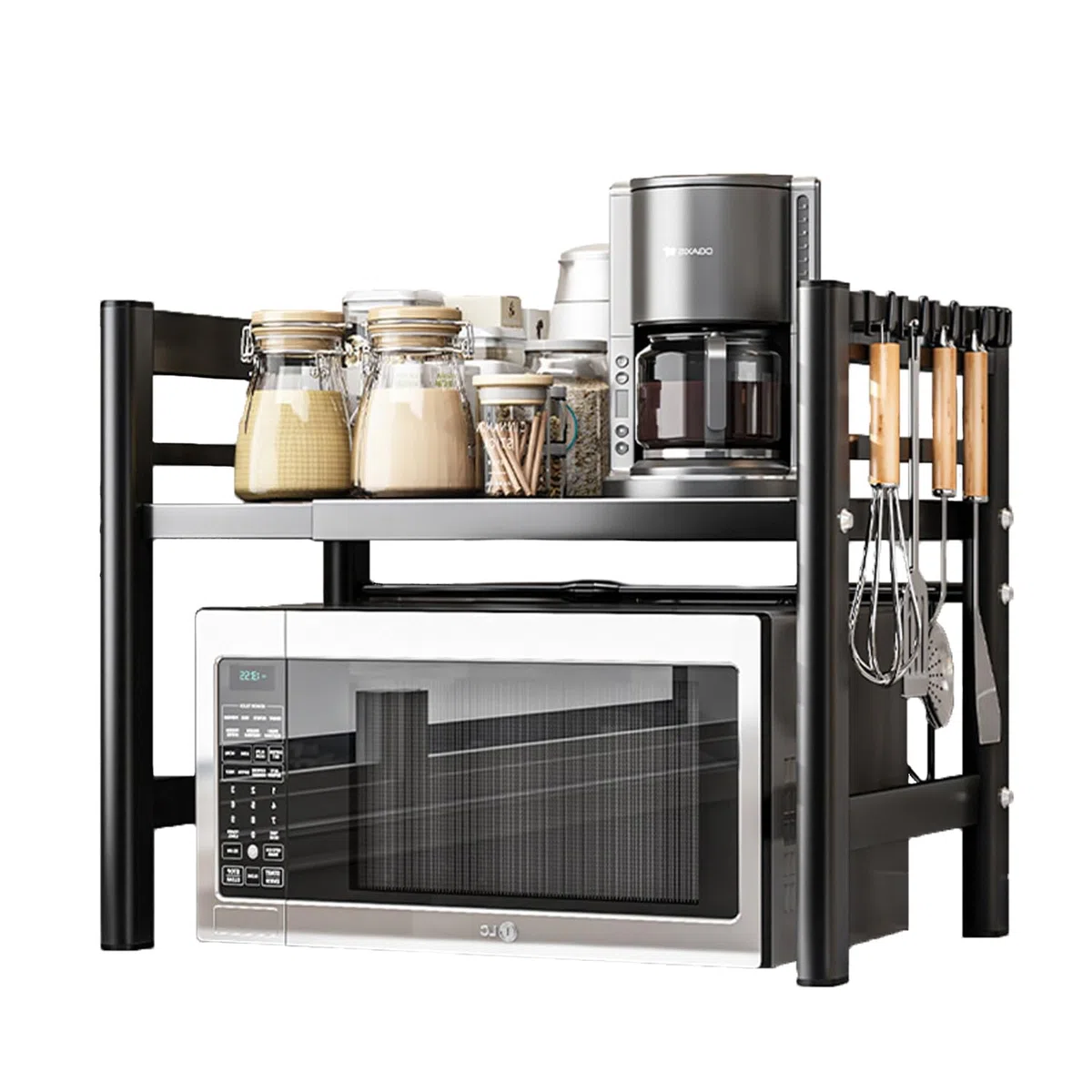 Verstellbares Mikrowellenregal, 2-Stufig Erweiterbares Küchen Mikrowelle Ständer Regal, Mikrowellenhalter aus Kohlenstoffstahl, Küchenaufbewahrung Organizer mit 6 Haken, Schwarz