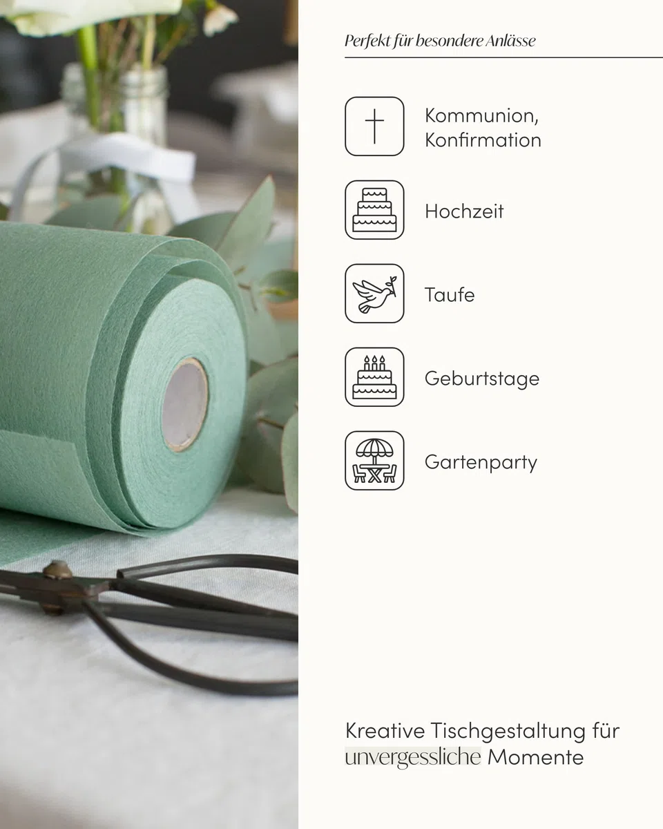 100%Mosel Vlies Tischläufer, in Eukalyptus Grün (30 cm x 25 m), dekoratives Tischband, edle Tischdeko für Geburtstage & Hochzeiten, Bunte Dekoration zu besonderen Anlässen