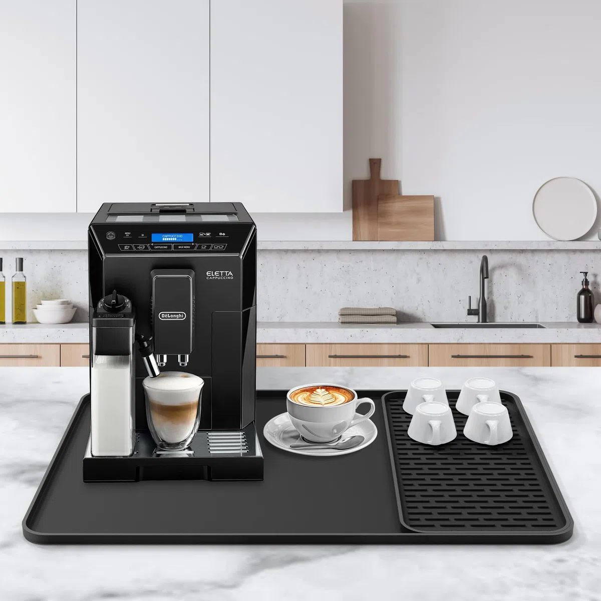 Silikon Unterlage Kaffeemaschine,2-in-1 Kaffeematte 61 x 41 cm,hitzebeständige rutschfeste Trockenmatte Unterlage für Kaffeemaschine, Kaffeevollautomat & Espressomaschine,mit abnehmbarer Abtropfmatte