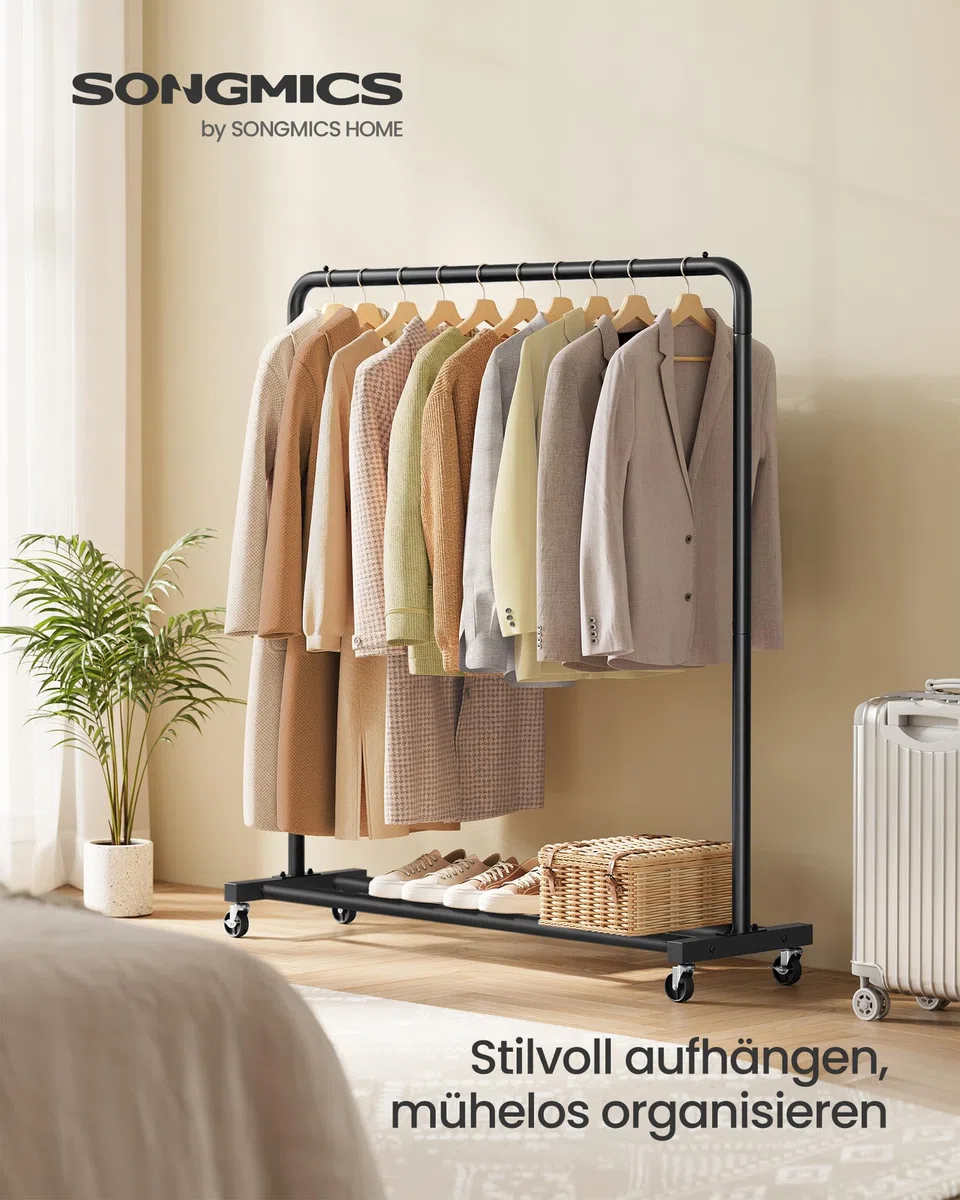 SONGMICS Kleiderständer, Kleiderstange auf Rollen, Garderobenständer, 2 Rollen mit Bremse, Schlafzimmer, bis 50 kg belastbar, 38 x 110 x 141,5 cm, tintenschwarz HSR016BH01