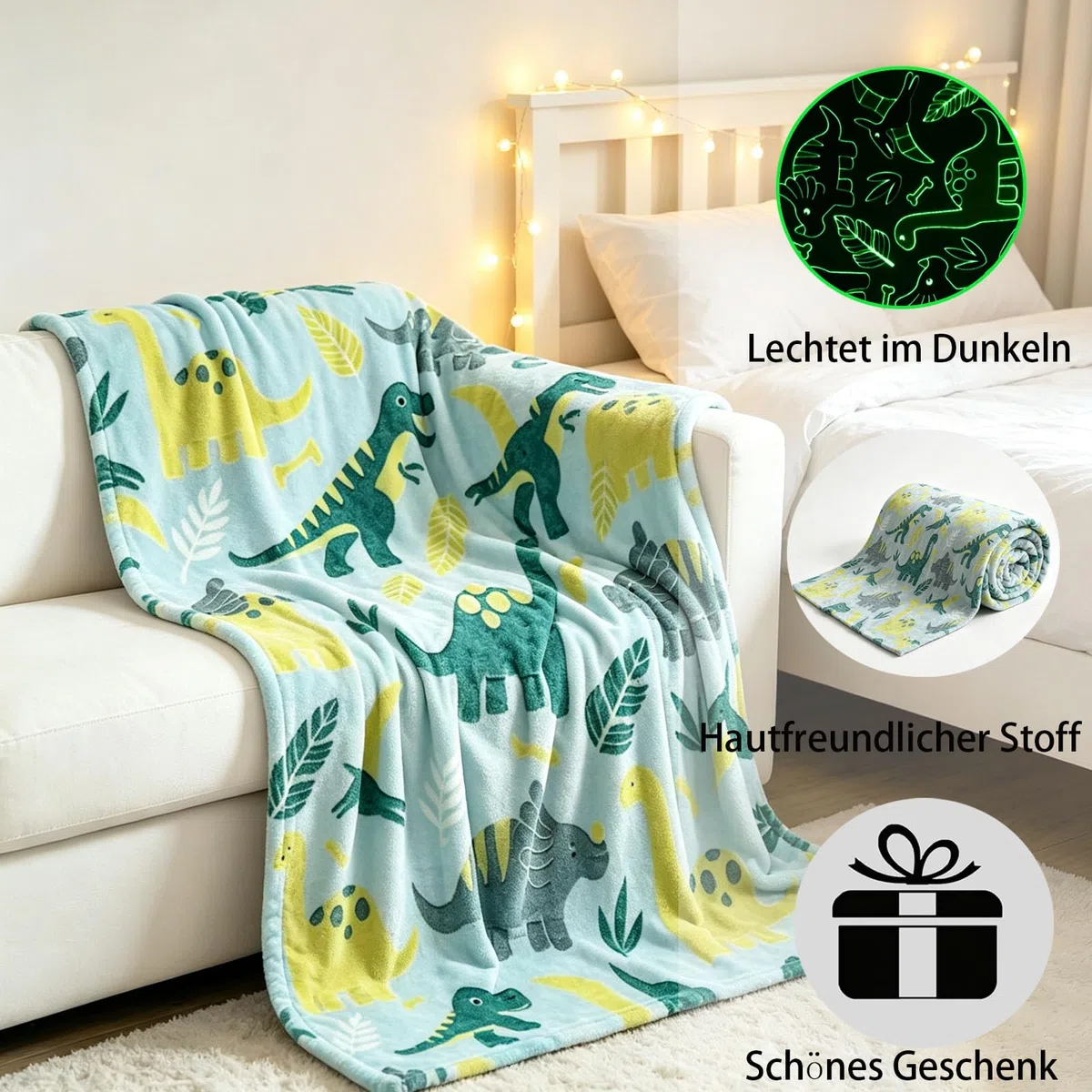 Decke Leuchtet im Dunkeln Kinderdecke Dinosaurier Weltraum Fußball Bagger Kuscheldecke Leuchtende Decke für Kinder Jungen und Mädchen Kuschelig Warme Geschenk Deck (Dinosaurier, 130x150cm)