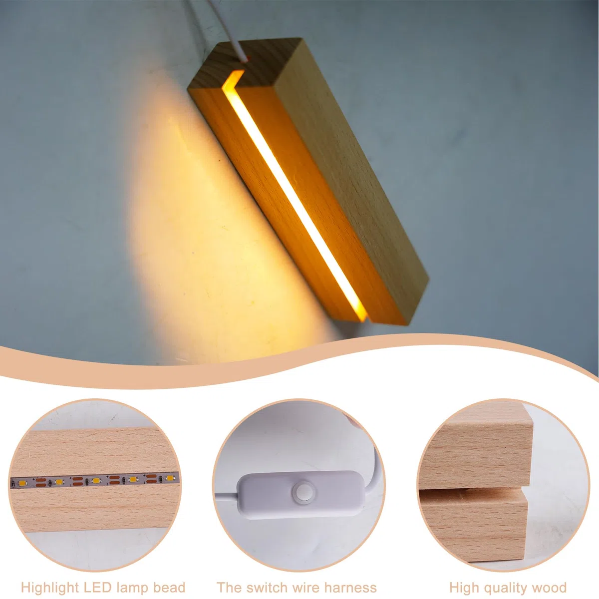 BAIFULAI 4 Stück LED Sockel Holz, 20cm Holzsockel, Lichtsockel mit USB-Schalter, Warme Farben, Leuchtsockel, Lichter Display Basis für 5 mm Dicke Acryl Platte Kristalle Glas Harz Kunst