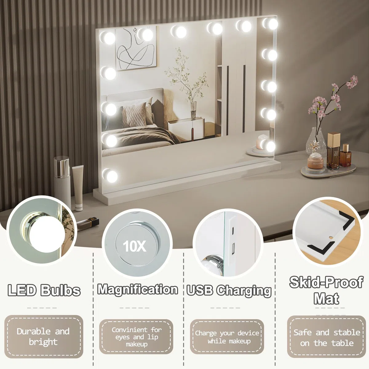 Hollywood Schminkspiegel mit Beleuchtung, Tischspiegel mit 14 LED Licht Dimmbar, 3 Farbtemperatur, Wandspiegel mit Touchscreen, Touch Control für Tochter, 51x42cm