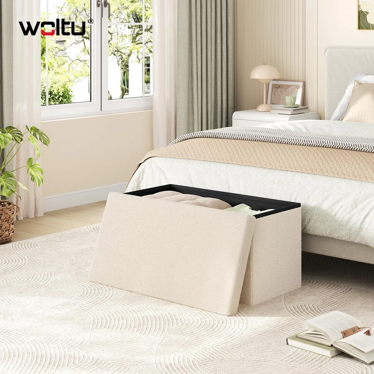 WOLTU Sitzhocker mit Stauraum, für Wohnzimmer Schlafzimmer Flur, klappbare Sitztruhe mit Deckel, aus Teddyfleece und MDF, 80 L, 76 x 37 x 38 cm, Beige
