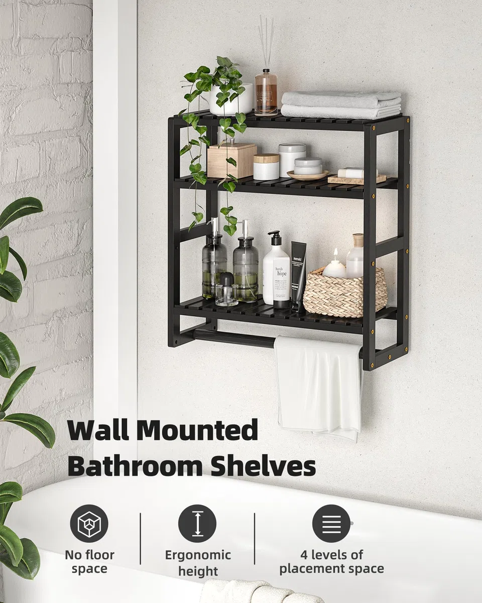 Bamworld Badezimmer Regal Bambus Regal 3-etagiges verstellbares Badregal über der Toilette mit Handtuchstange, platzsparendes WC-Regal, Badezimmermöbel, Bathroom Shelf Schwarz
