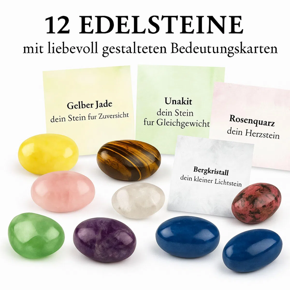 Milaboo Magie der Edelsteine – 12x Glückssteine mit Bedeutung & Karte im Organzasäckchen – Dekoratives Geschenkset mit Broschüre – Mutstein & Schutzstein
