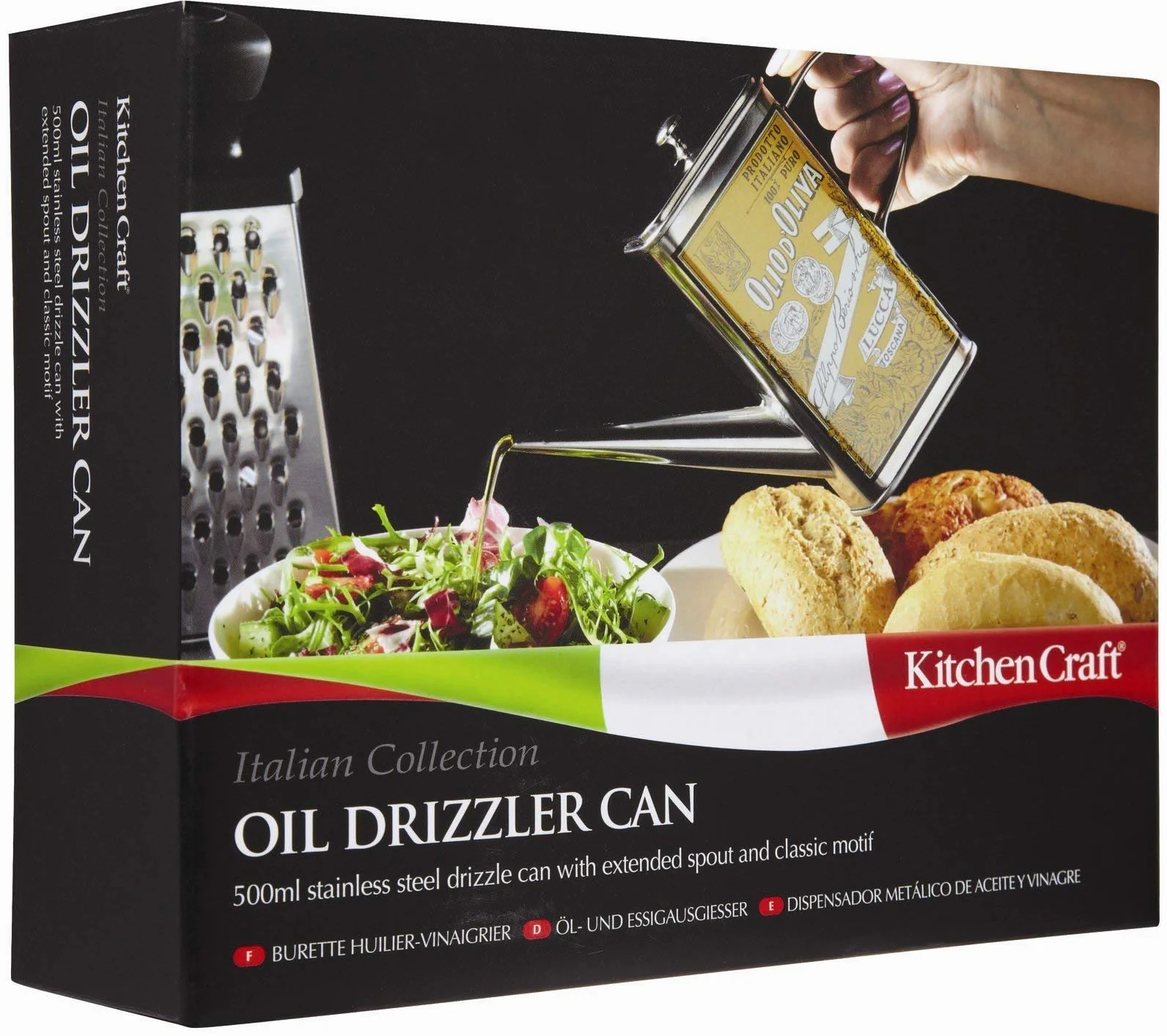 KitchenCraft World of Flavours Olivenölspender, Kanne mit Ausgießer, Edelstahl, mit Vintage Motiven, 500 ml Volumen