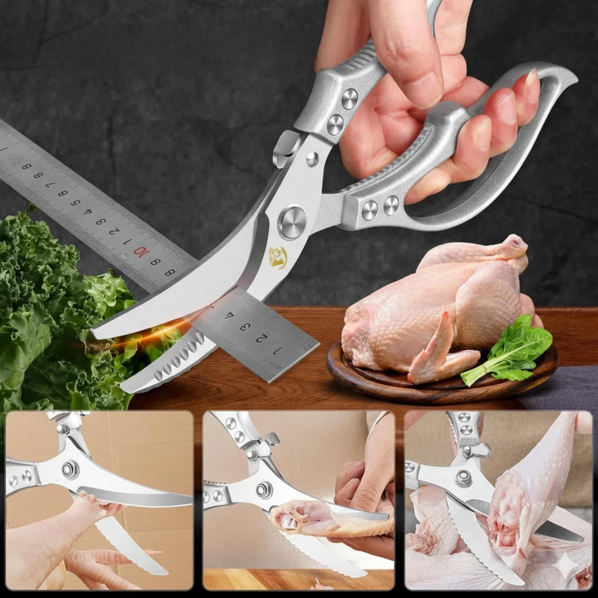 Cookery Geflügelschere Premium – Robuste Küchenschere zum Zerlegen von Geflügel, Fisch und Fleisch – Extrem scharfe Hähnchenschere & Knochenschere mit Sicherheitsverschluss – Rostfreier Edelstahl