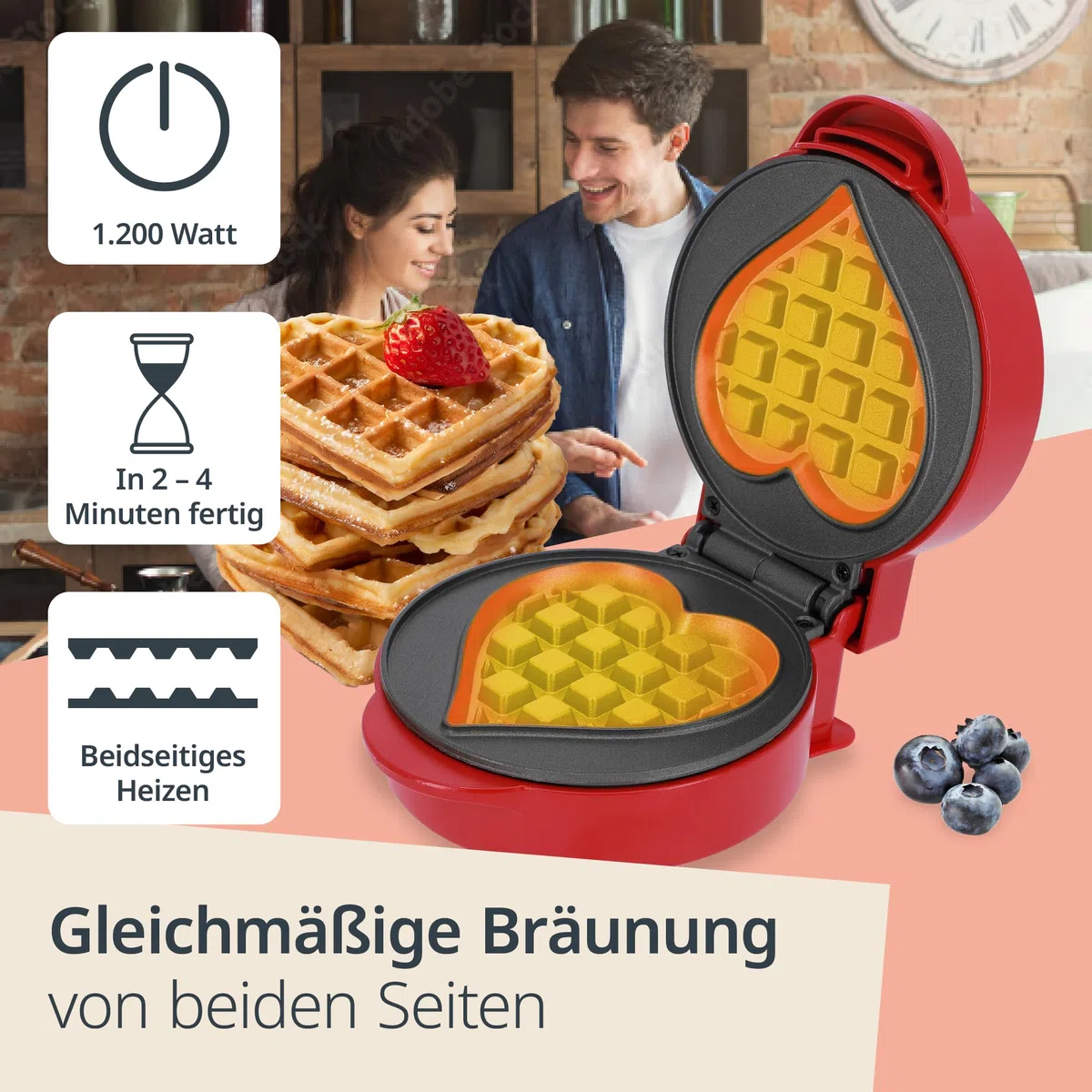 ADE Mini Waffeleisen Herzform | kleines Waffeleisen für 1 Person | Antihaftbeschichtung | 550 Watt | ideal für Geburtstag & Frühstück | rot