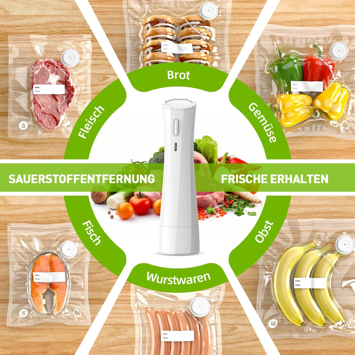 Ombrex Mini Vakuumiergerät – Tragbarer Vacuum Sealer mit USB-Aufladung, 30 Wiederverwendbare Vakuumbeutel, 60kPa Leistung, 1-Tasten-Bedienung, Kompaktes Design für Reisen, Büro & Küche