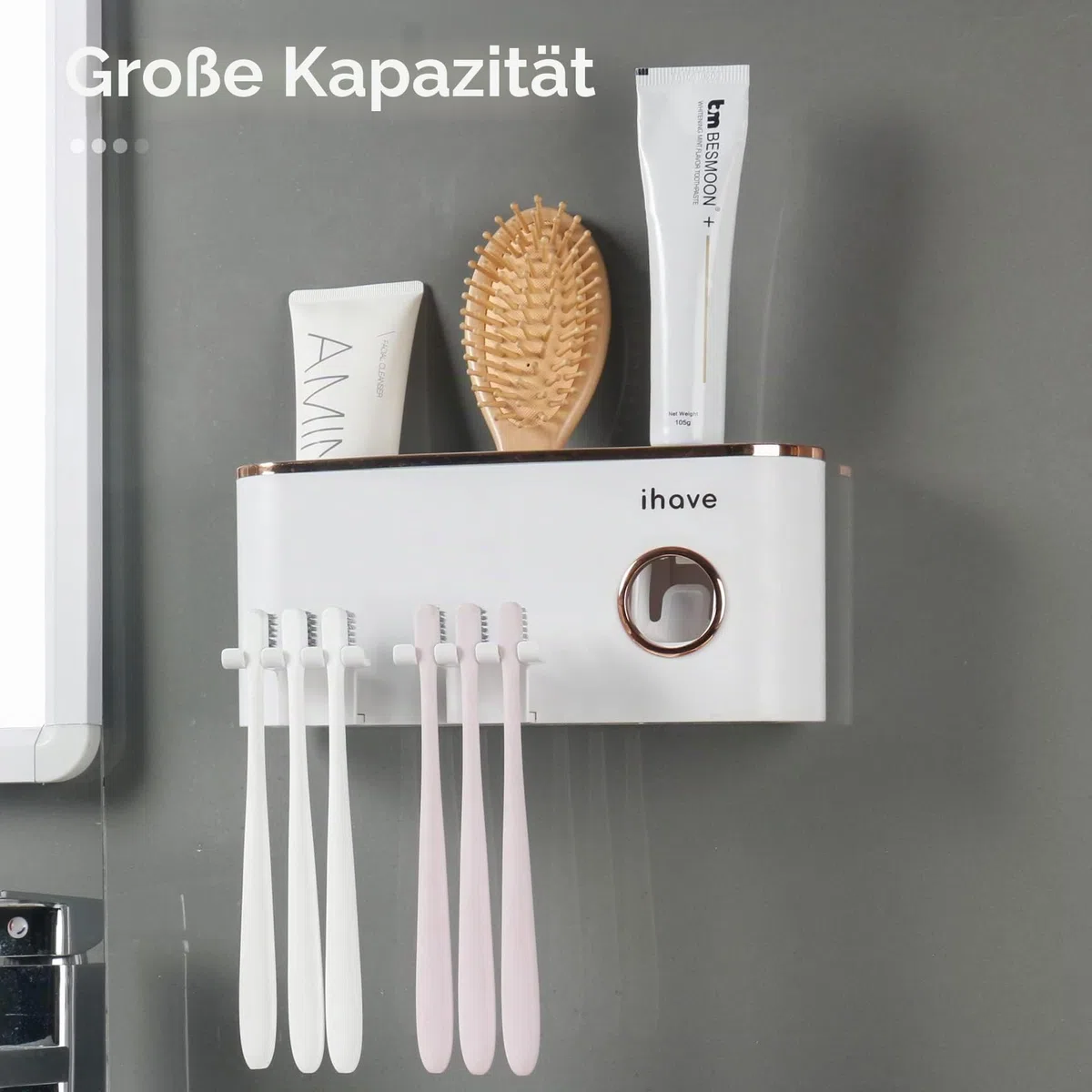 iHave Zahnbürstenhalter Wand mit Zahnpastaspender, Toothbrush Holder mit 2 Zahnputzbechern, elektrische Zahnbürste Halter ohne bohren, Multi Badezimmer Organizer & Aufbewahrung für Familie (Weiß Gold)