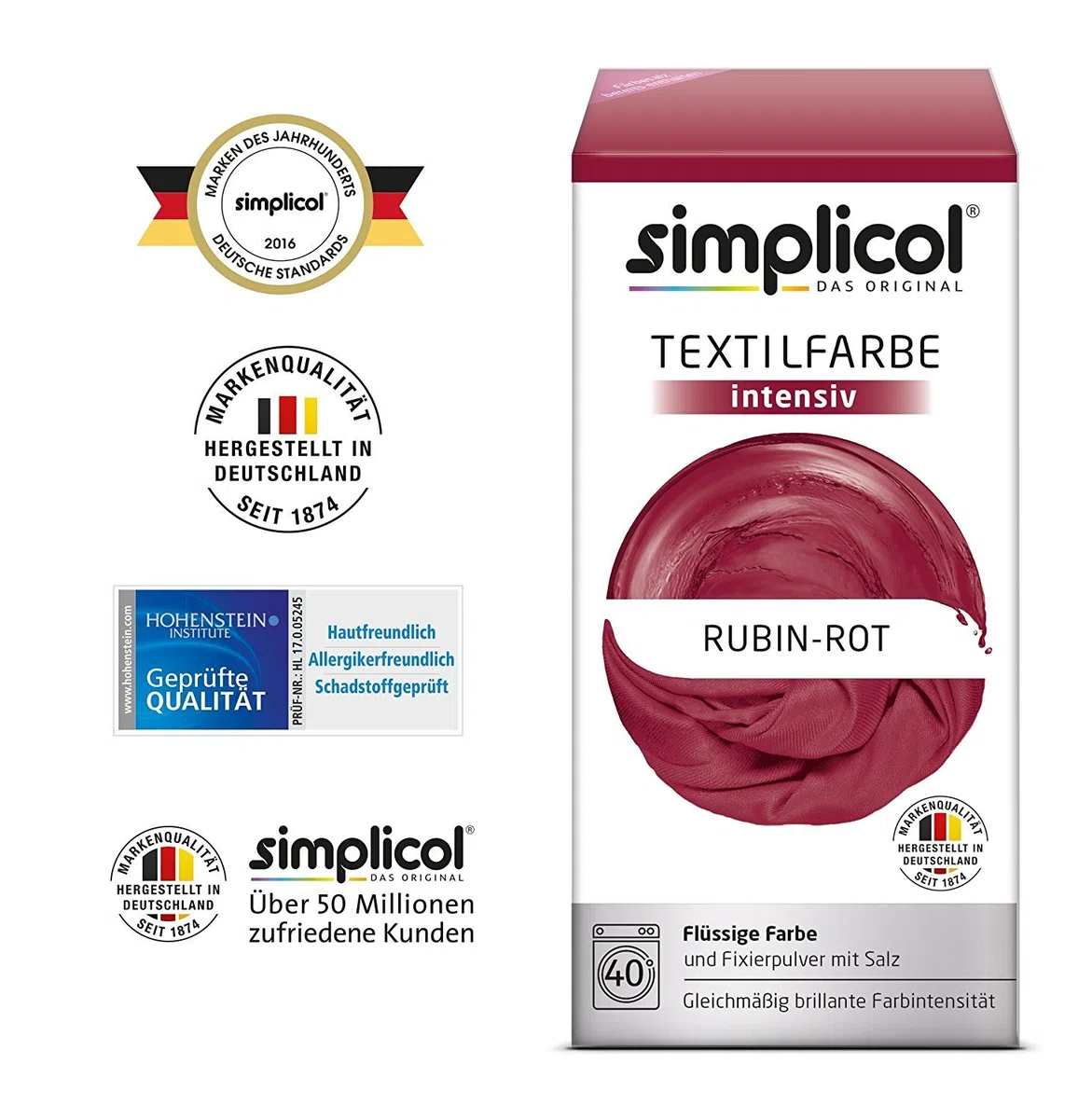 simplicol Textilfarbe intensiv (18 Farben), Rubin-Rot Dunkelrot: Einfaches Färben in der Waschmaschine, All-in-1 Komplettpackung 1842 (2x 1804) 2 Pack