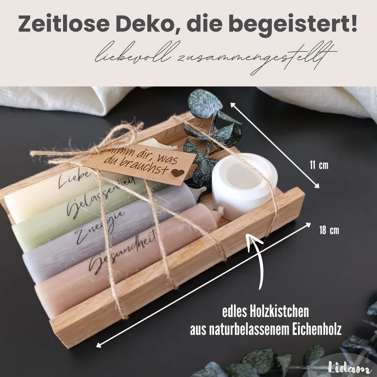 Kerzen Geschenkset Geburtstagsgeschenk für Frauen oder Freundin | nimm dir, was du brauchst | Mitbringsel | Kerzenhalter Holzkiste mit Kerzen Deko und Eukalyptus