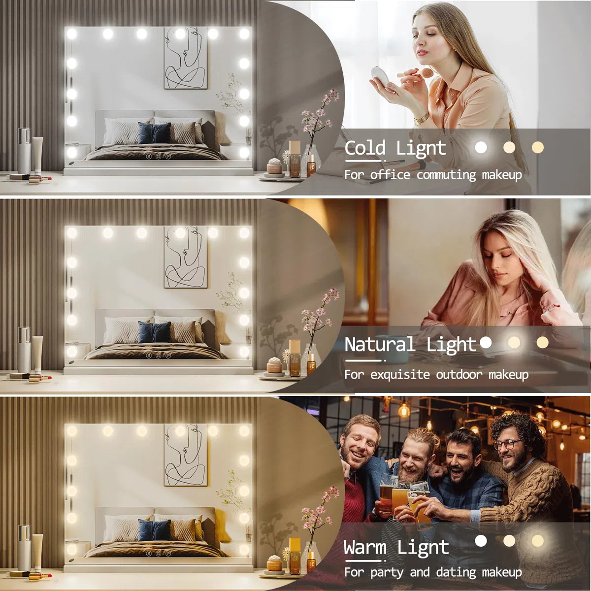 Hollywood Schminkspiegel mit Beleuchtung, Tischspiegel mit 14 LED Licht Dimmbar, 3 Farbtemperatur, Wandspiegel mit Touchscreen, Touch Control für Tochter, 51x42cm