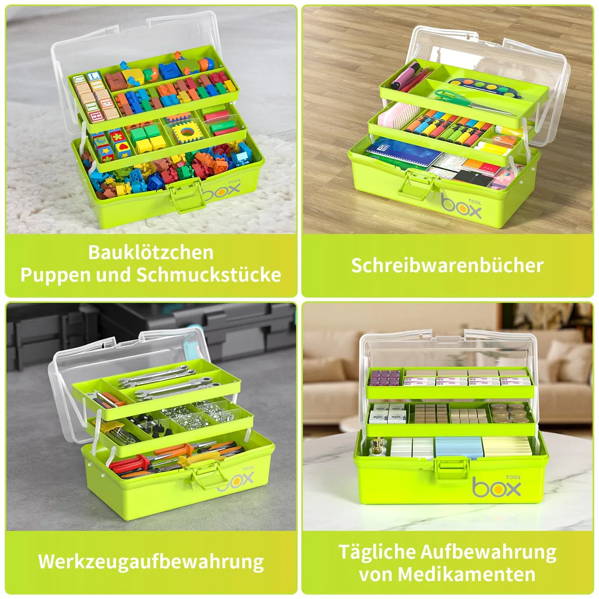 3 Regal Mehrzweck Aufbewahrungsbox, Bastelkoffer Aufbewahrung Kinder, Sortierbox, Organizer Box, Bastelbox, Nähkasten, Toolbox, Angelkoffer, Medizinkoffer - Grün（30.5CM x 18CM x 15CM）