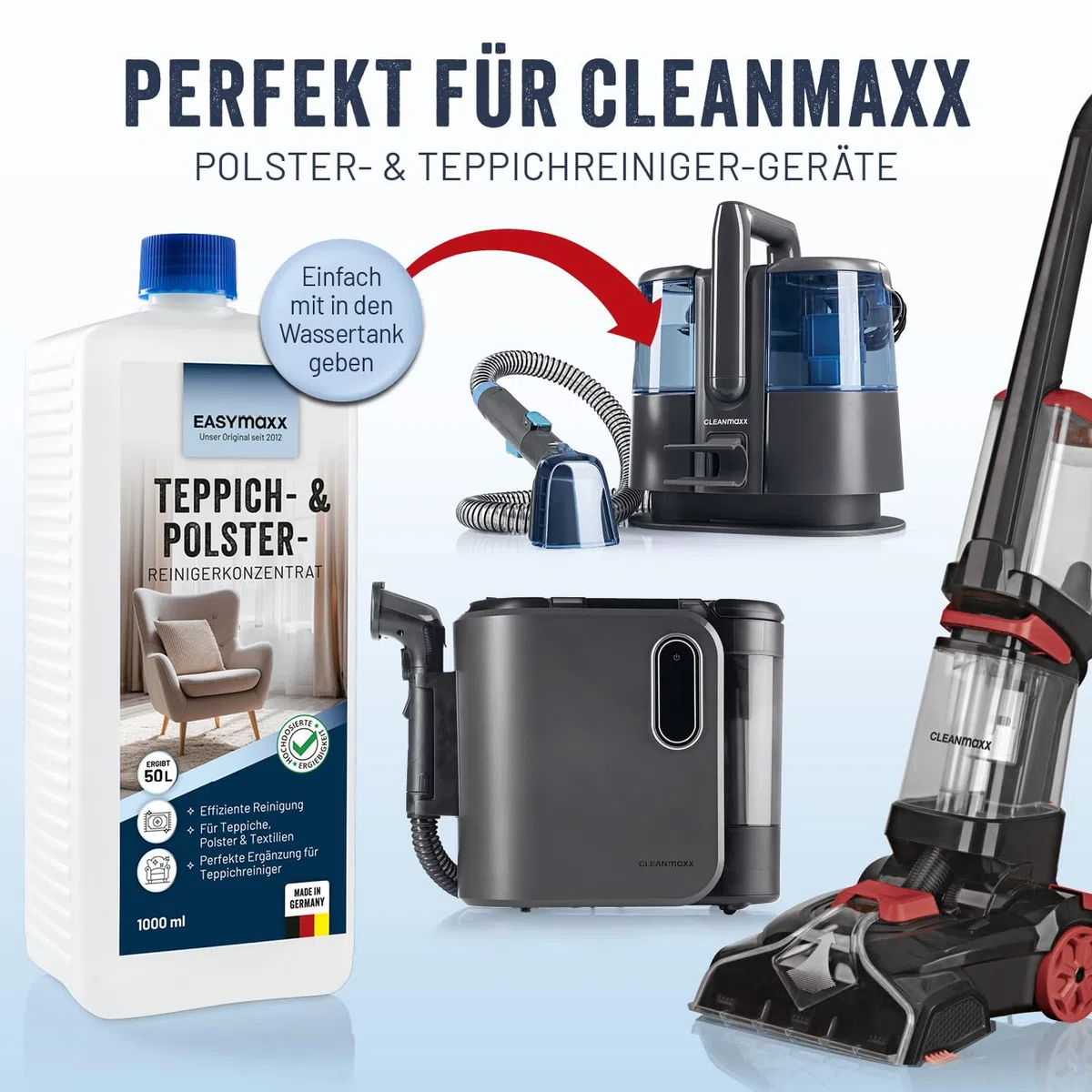 CLEANmaxx Teppich-Shampoo 1 x 1000 ml | Perfekte Kombination mit dem Hartboden- und Teppichreiniger PRO, auch für andere Wasch- und Teppichsauger geeignet | Spezialfleckenformel und Farbauffrischer