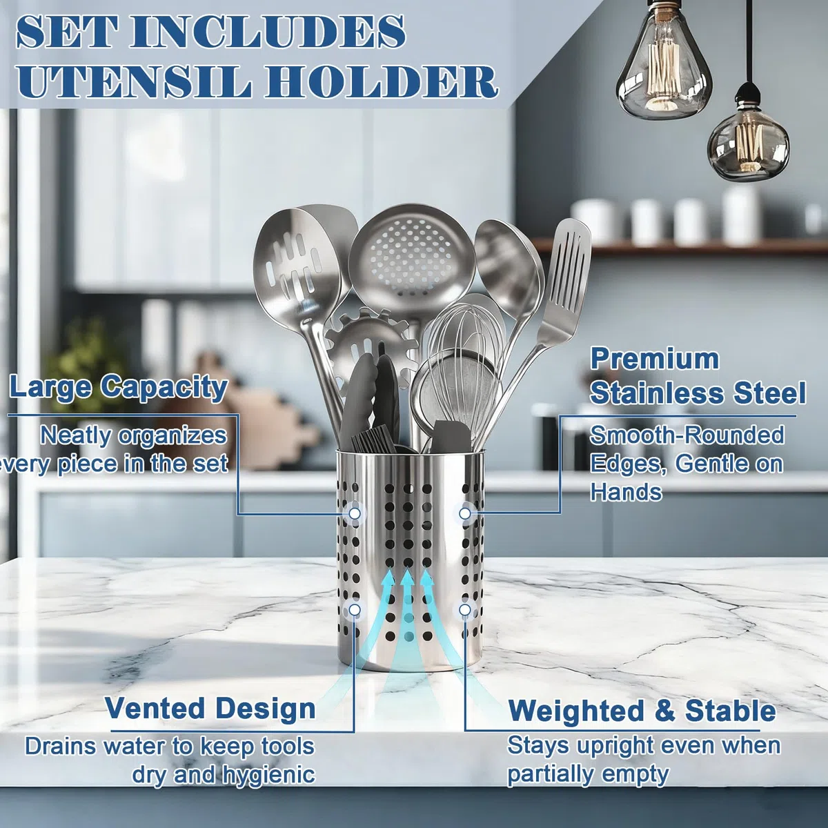 BEWOS 15-teiliges Küchenhelfer Set - Edelstahl Kochlöffel Set, Küchenutensilien mit Spateln und Aufbewahrungsbox, Ungiftig, Spülmaschinengeeignet & Hitzebeständig
