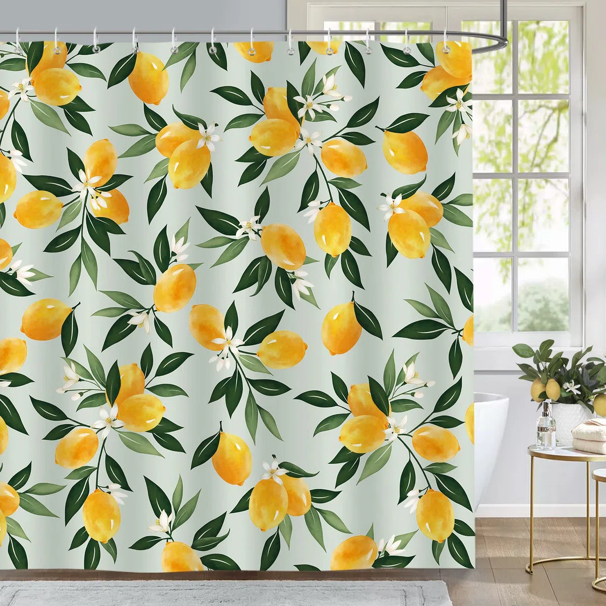 Bonhause Duschvorhang Zitronen Grüne Blätter Duschvorhänge 180 x 200 cm Anti-Schimmel Wasserdicht Polyester Stoff Waschbar Bad Vorhäng für Badzimmer mit 12 Haken